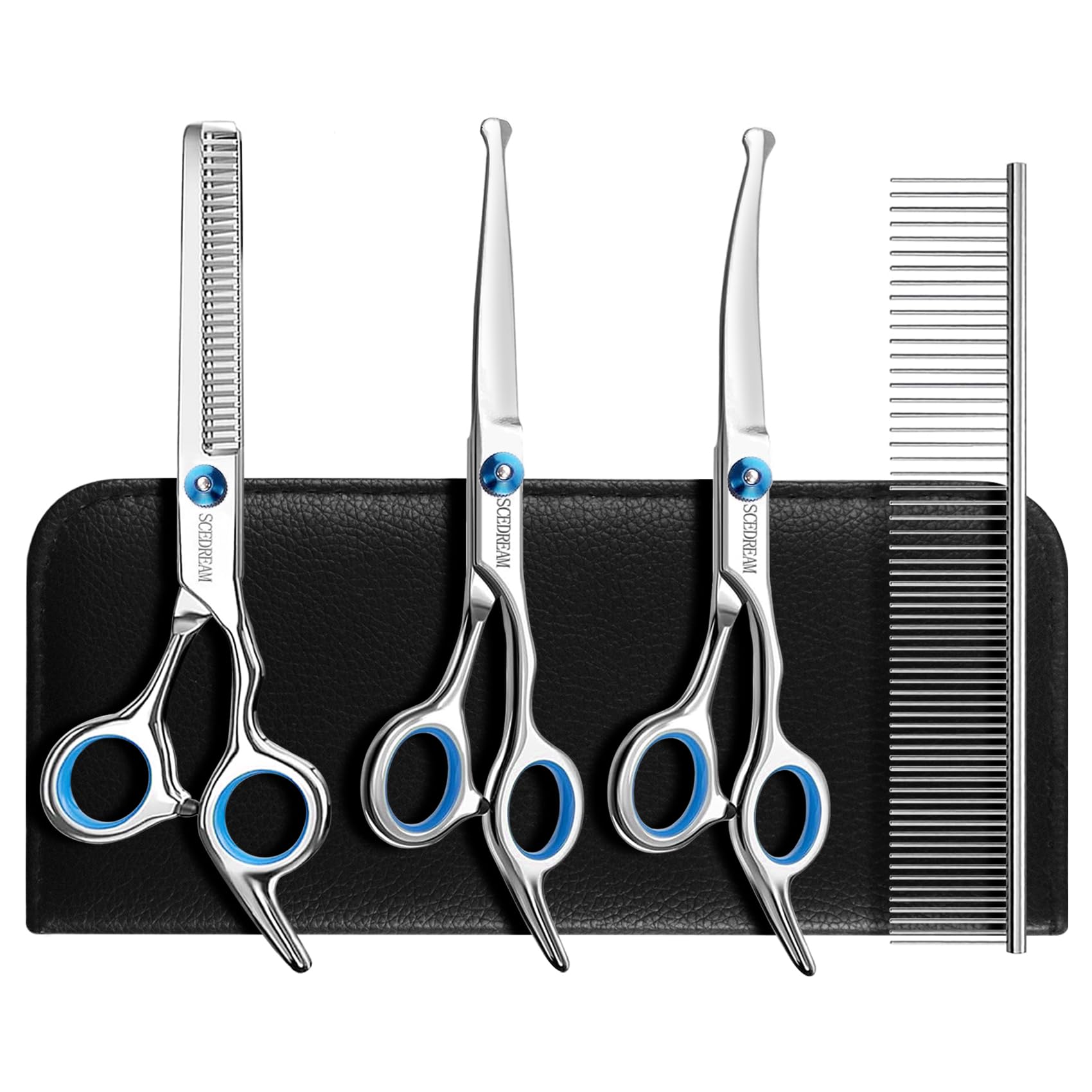 Scedream Dog Grooming Scissors For Dogs With Safety Round Tips, 5 In 1 Dog Scissors For Grooming, Curved Dog Grooming Scissors,P
