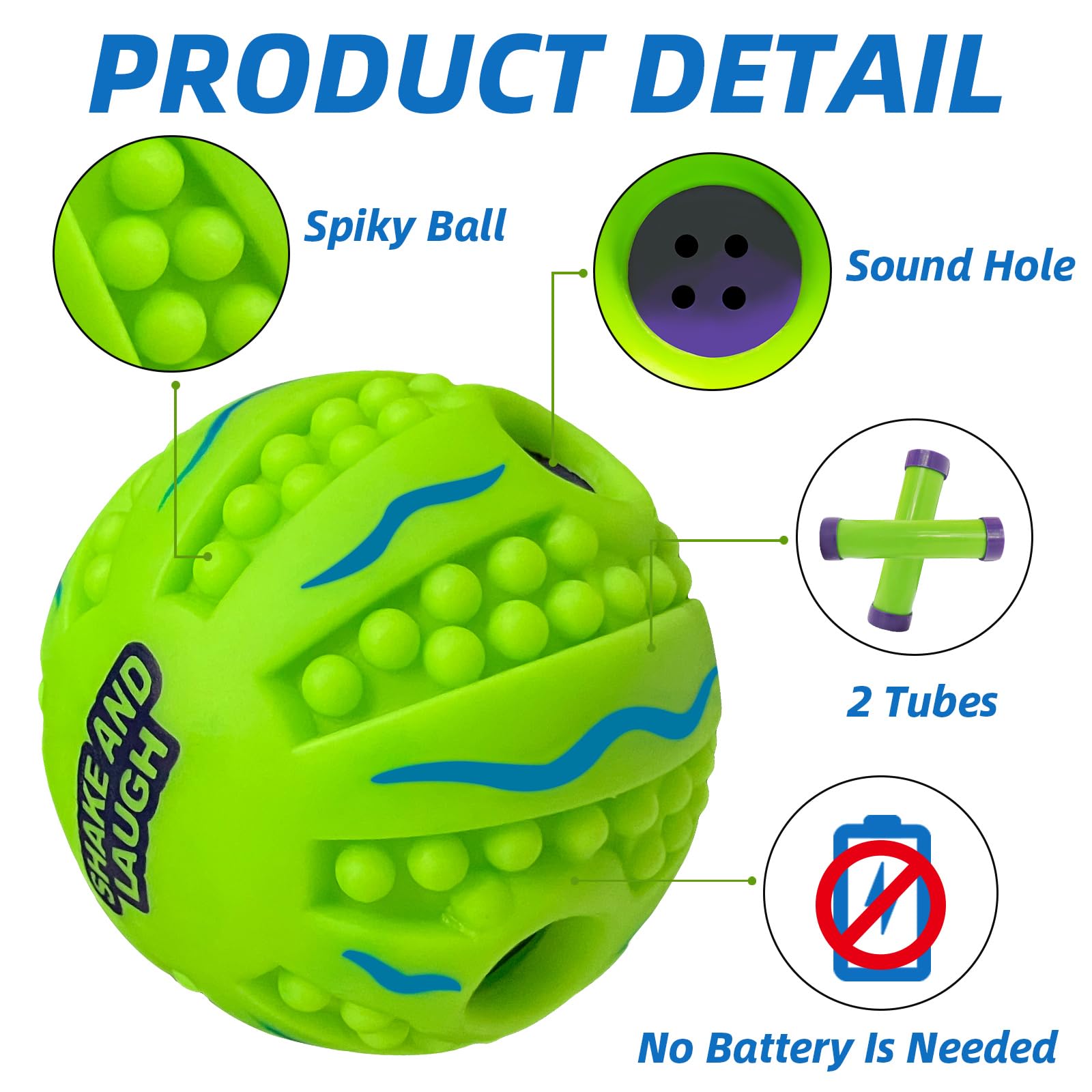 SHAKE AND LAUGH Spiky Interactive Dog Toy Ball, XS 2.75 in, Gibbering Sound, Teeth Cleaning, Wave Design, Model DLQ001