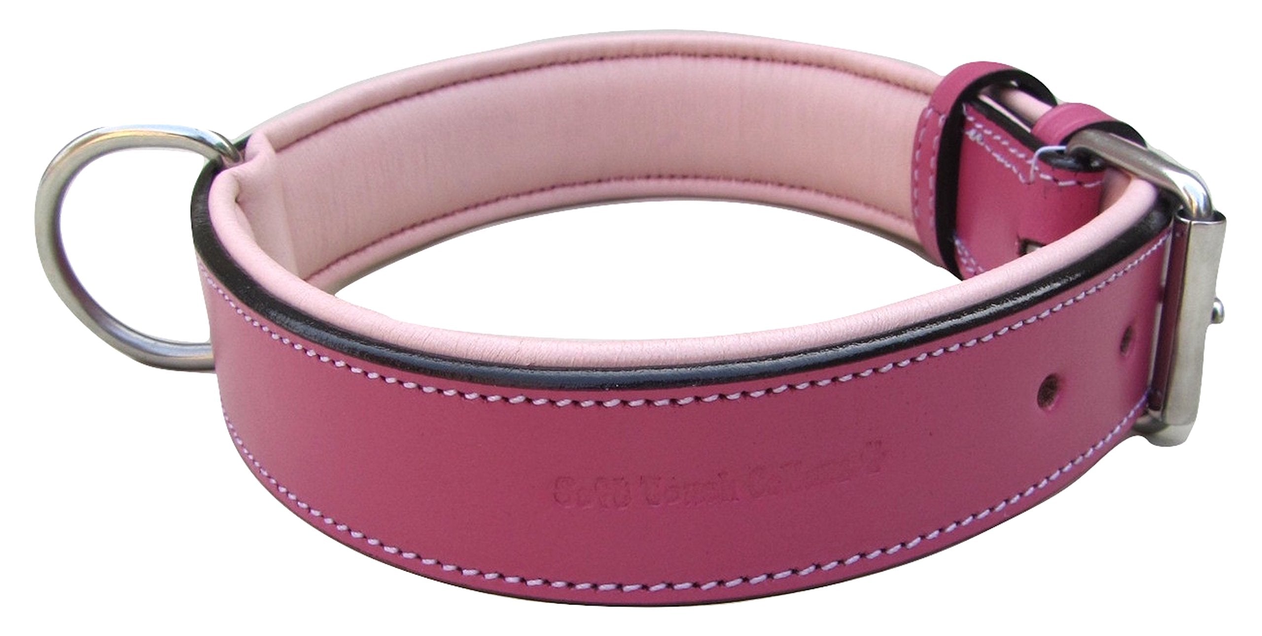Soft Touch Collars Raspberry Pink Leather Padded Dog Collar, For Large Female Dogs, Made With Genuine Real Leather, 24' Long X 1.5' Wide