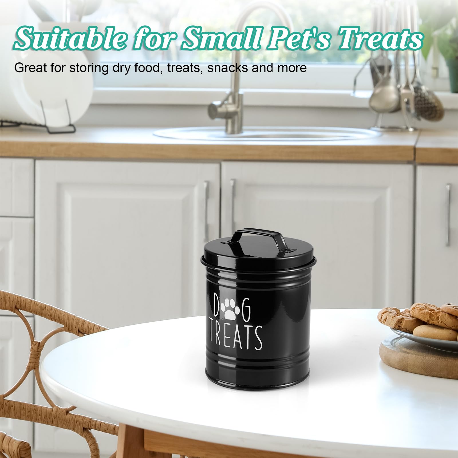 OUTNILI Small Dog Treat Container Airtight - 6 Tall X 4.9 Round Black Dog Treat Jar for Kitchen Counter - Rustic Treat Storage C