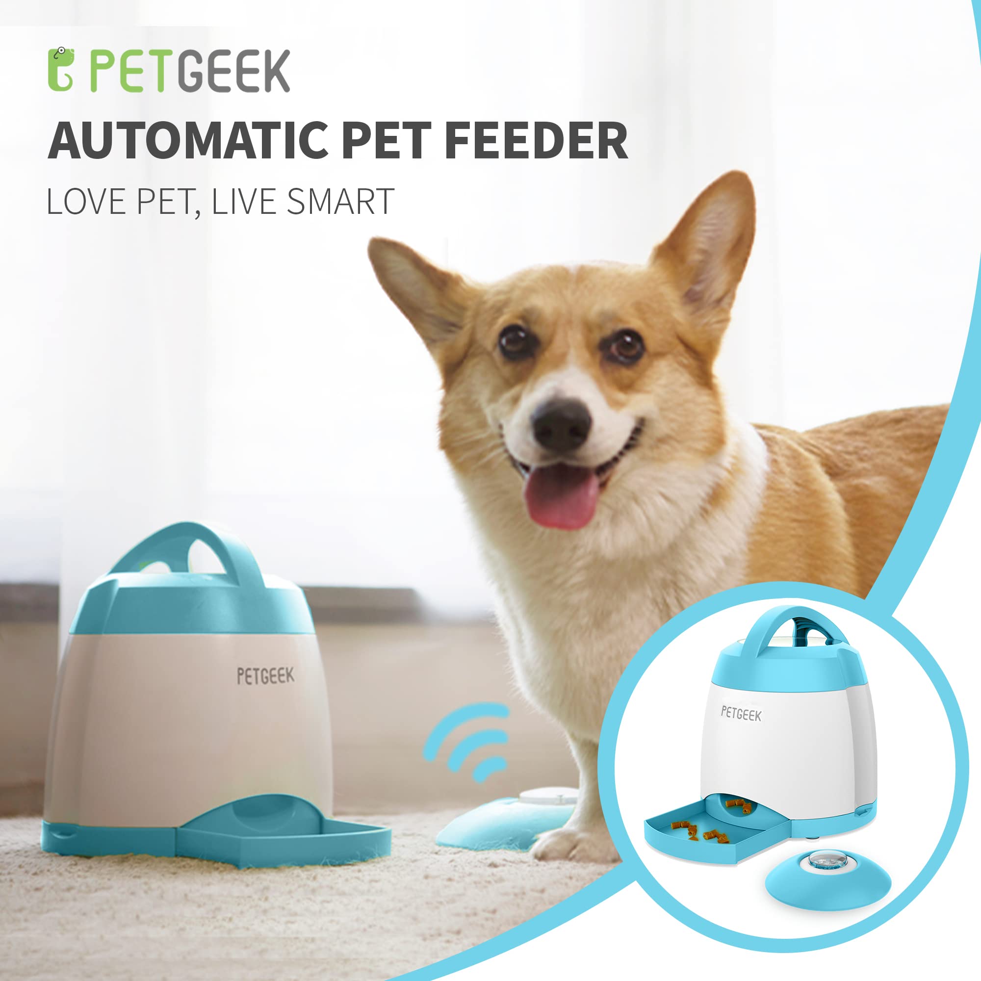 Petgeek Automatic Dog Treat Dispenser With Button, Dog Button Feeder With Dual Power Supply And Remote Control, Dog Puzzle Toys And Interactive Dog Toys For Indoor Or Outdoor Play(Blue)