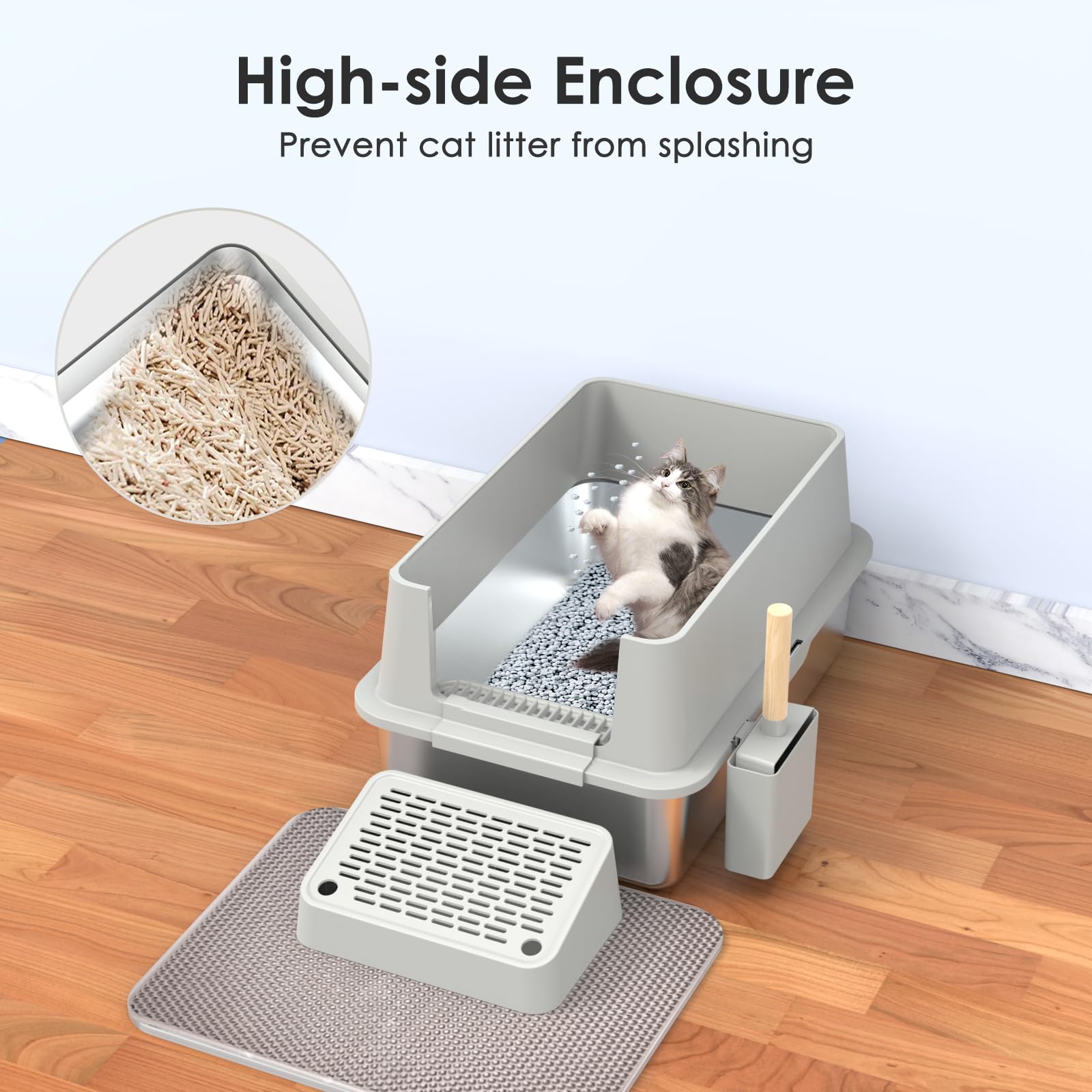 Suitchi Stainless Steel Cat Litter Box,Xl High Sided Cat Litter Box With Poop Scooper/Footboard/Mat (Light Gray)