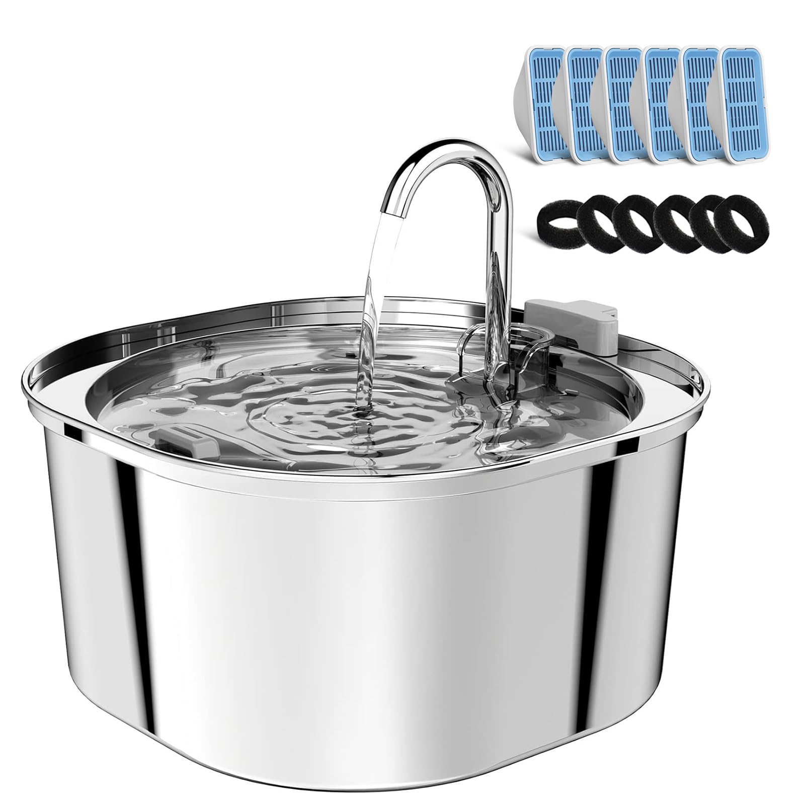 Pektaco Cat Water Fountain, 3.2L/108Oz Stainless Steel Pet Water Fountain For Cats/Dogs Indoor, Dog Drinking Dispenser Metal Kitty Spout With 6 Replacement Filters