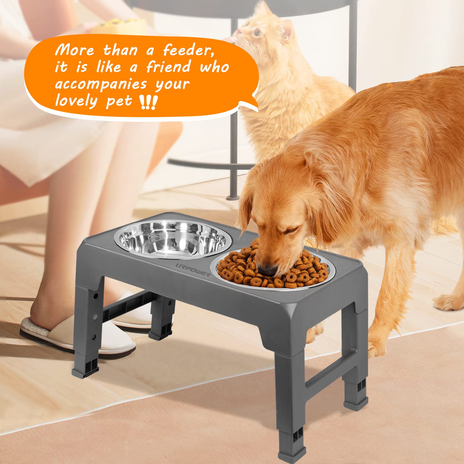 URPOWER Elevated Dog Bowls 4 Height Adjustable Raised Dog Bowl with 2 Stainless Steel Food and Water Bowls Non-Slip Bowl Stand A