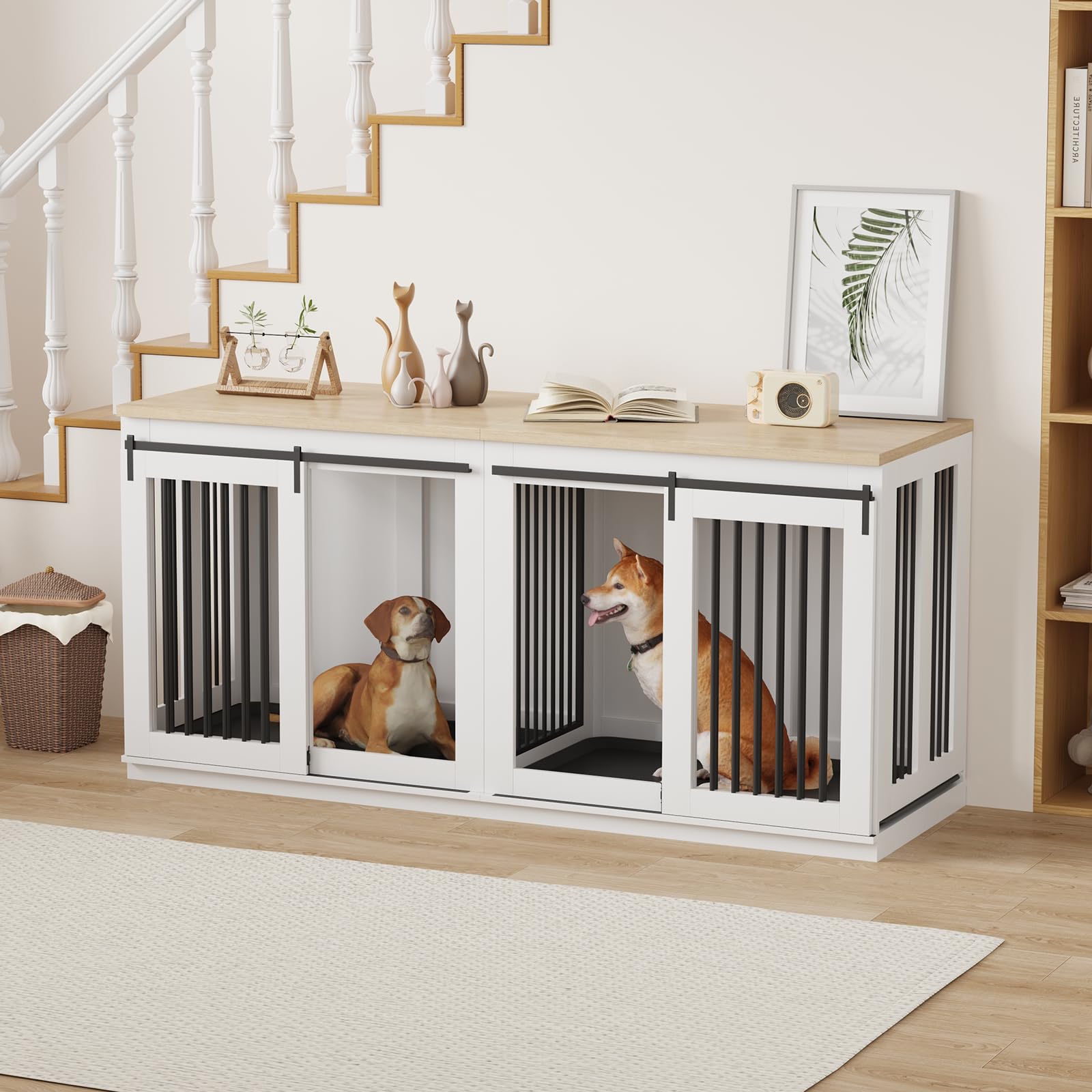Large Dog Crate Furniture, 71 Wooden Dog Kennel for 2 Dogs, Heavy Duty Furniture Style Dog House with Divider & 2 Trays,Decorati