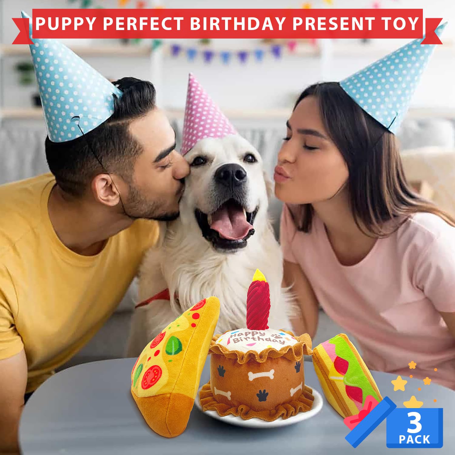 Cneeeeeb Birthday Squeaky Crinkly Cake Aggressive Chew For Pups Sandwiches Pizza Party Dog Toy Colorful Playset To Keep Your Fur