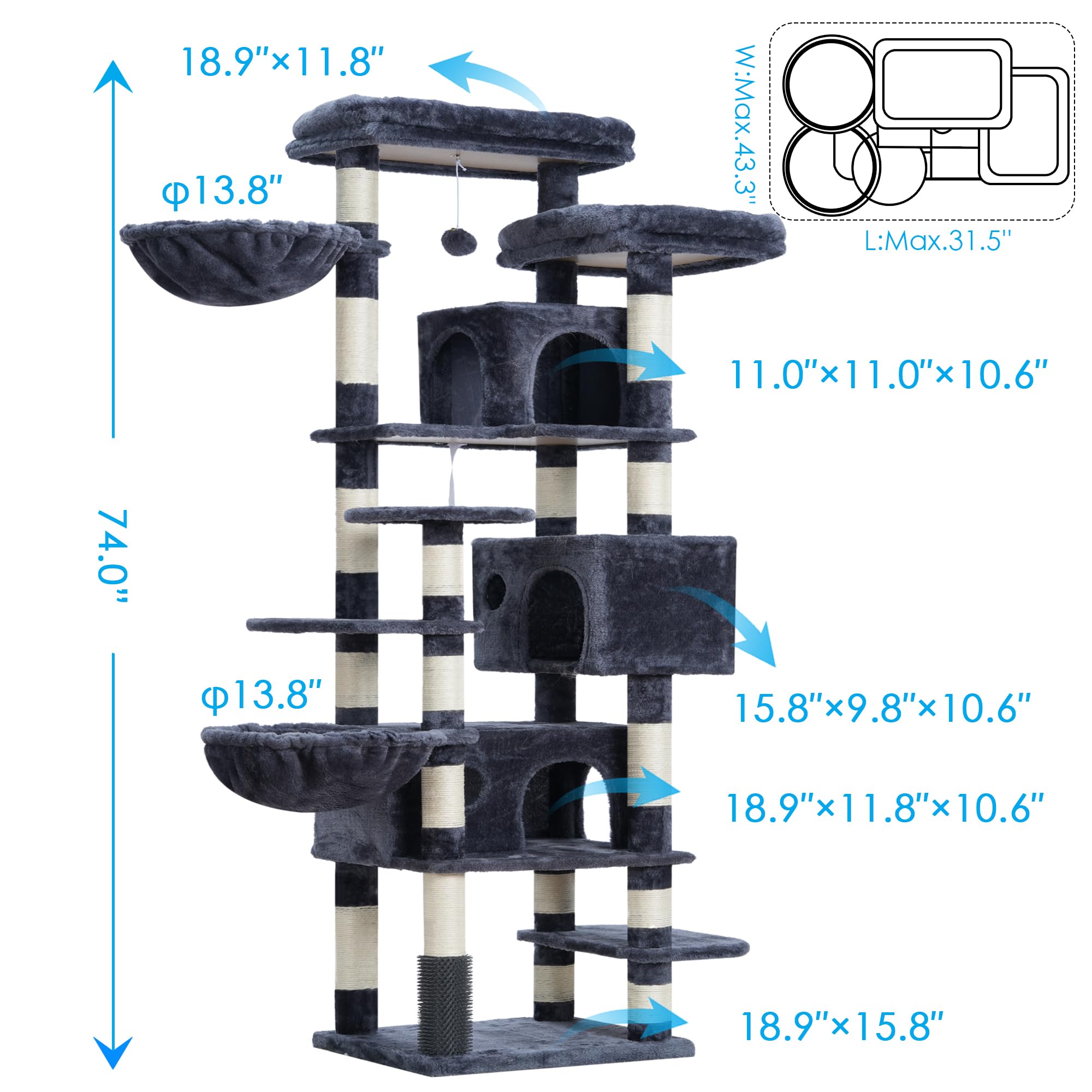 Hey-Brother Cat Tree, 74 Inches Multi-Level Xl Large Cat Tower For Indoor Cats With Three Cat Condos, Two Large Top Decks And Ca