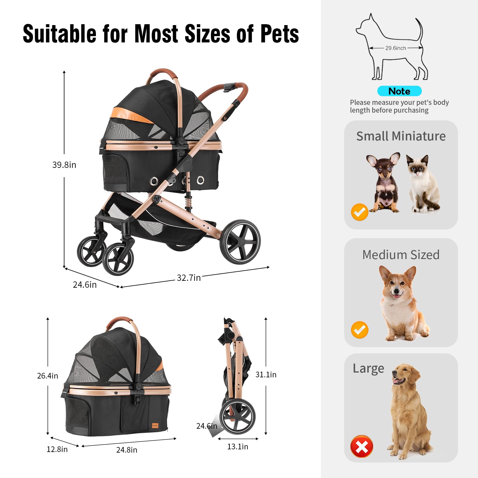 Echosmile 4 In 1 Pet Stroller, Folding Lightweight Cat & Dog Stroller With Detachable Carrier, No-Zip 180 Reversible Canopy, All