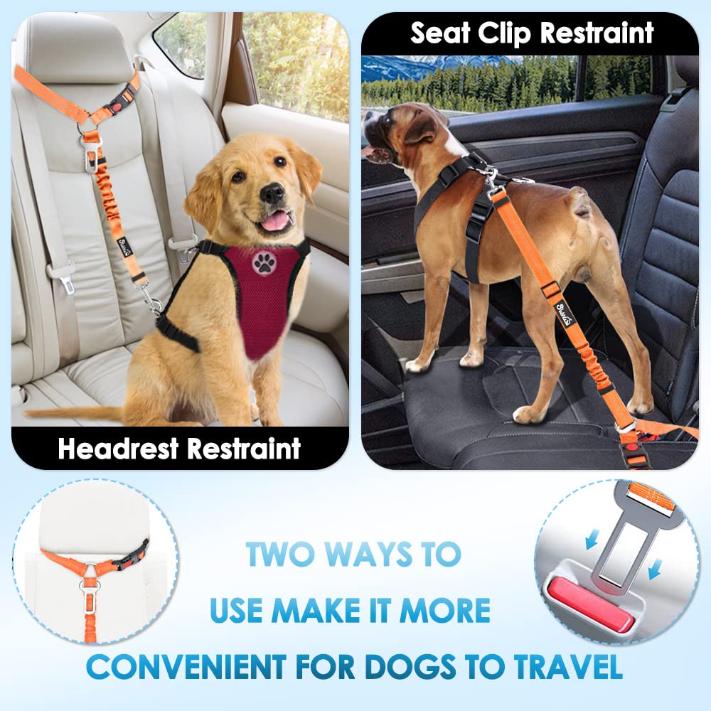 Slowton Dog Seat Belt For Car, 2 Pack Dog Car Harness Seatbelt Adjustable With Elastic Bungee Buffer, 2 In 1 Pet Car Leash Headr