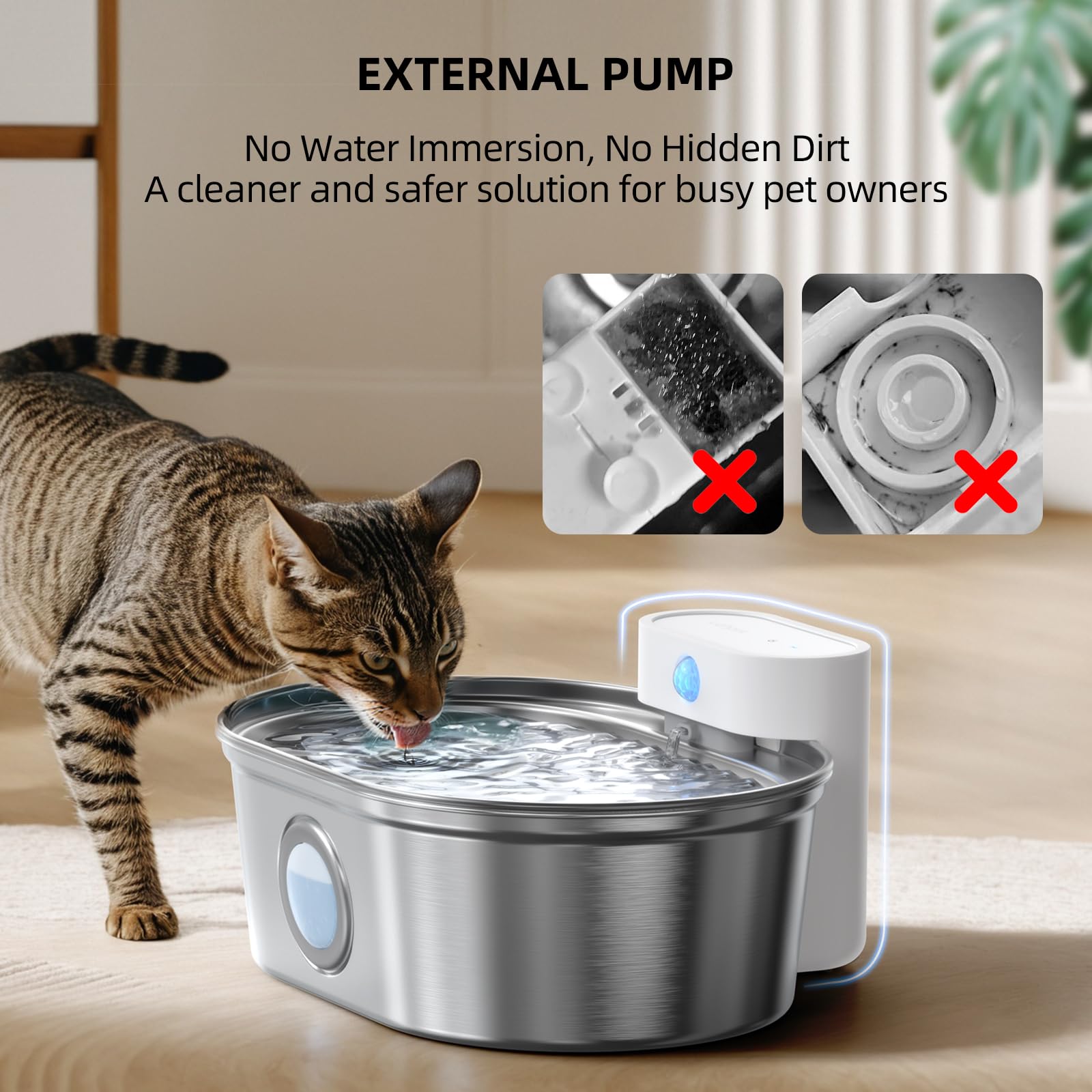 uahpet Wireless Cat Water Fountain Stainless Steel Pro, External Pump Battery Operated Pet Waterer, Dog Drinking Dispenser with
