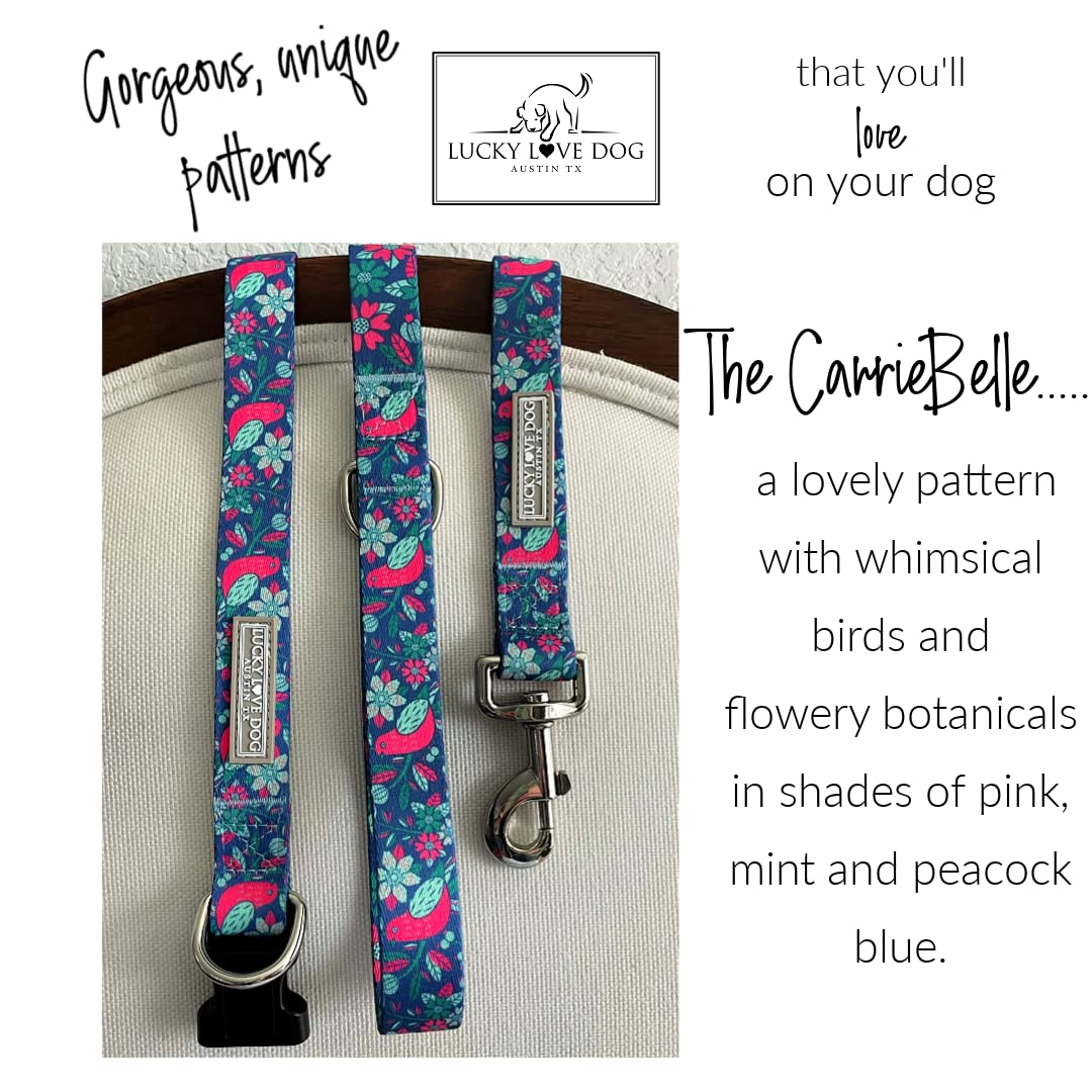 Lucky Love Dog, Whimsical Bird Dog Collar, Vivid Pink, Mint, Blue Flowers X-Large Dog Collar, Adjustable Collars For Female Male Dogs - (Xl, Carriebelle Collar)