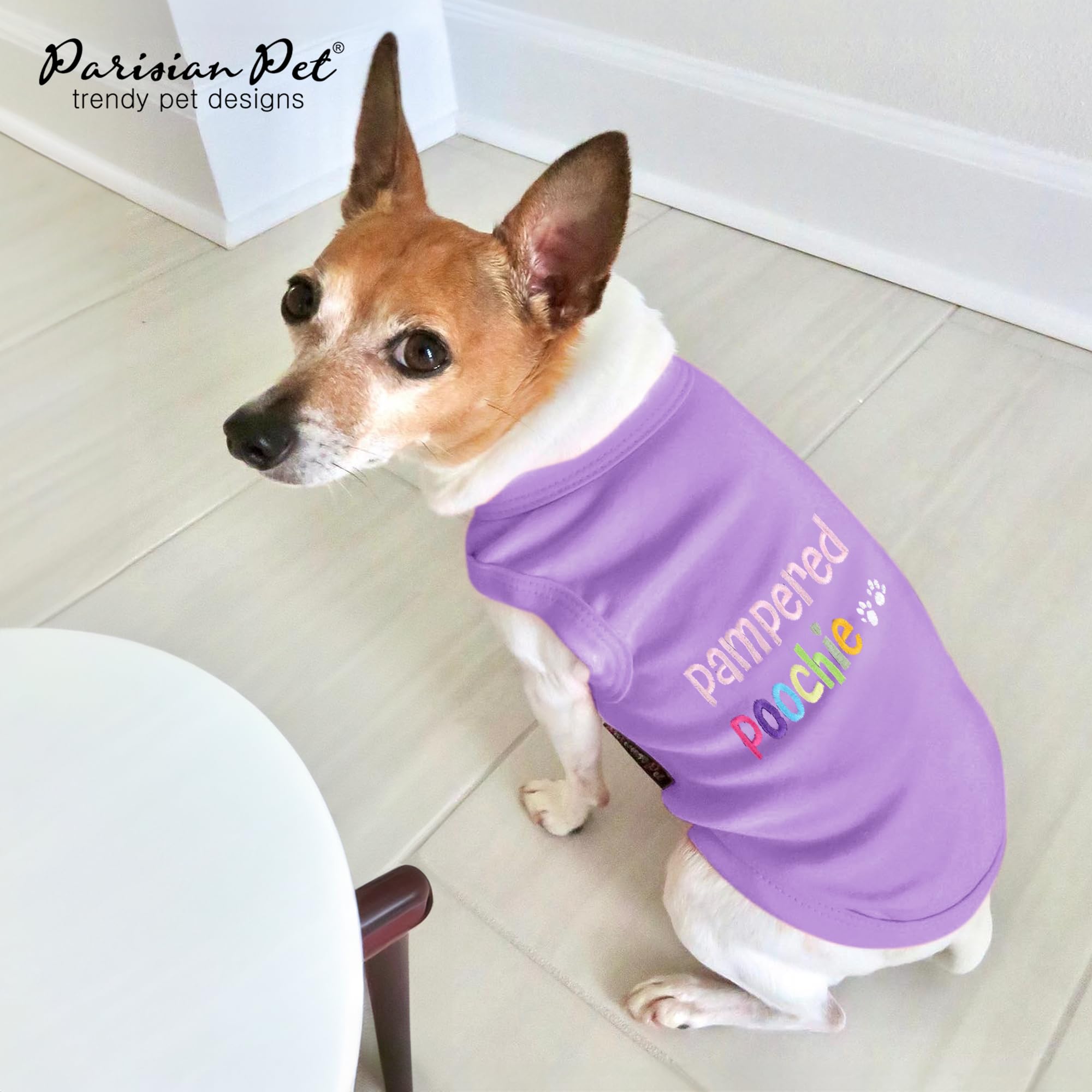 Parisian Pet Dog T-Shirt - Embroidered Pampered Poochie Dog Clothes - 100% Cotton, Breathable Tank Top - Sleeveless Pet Vest - M