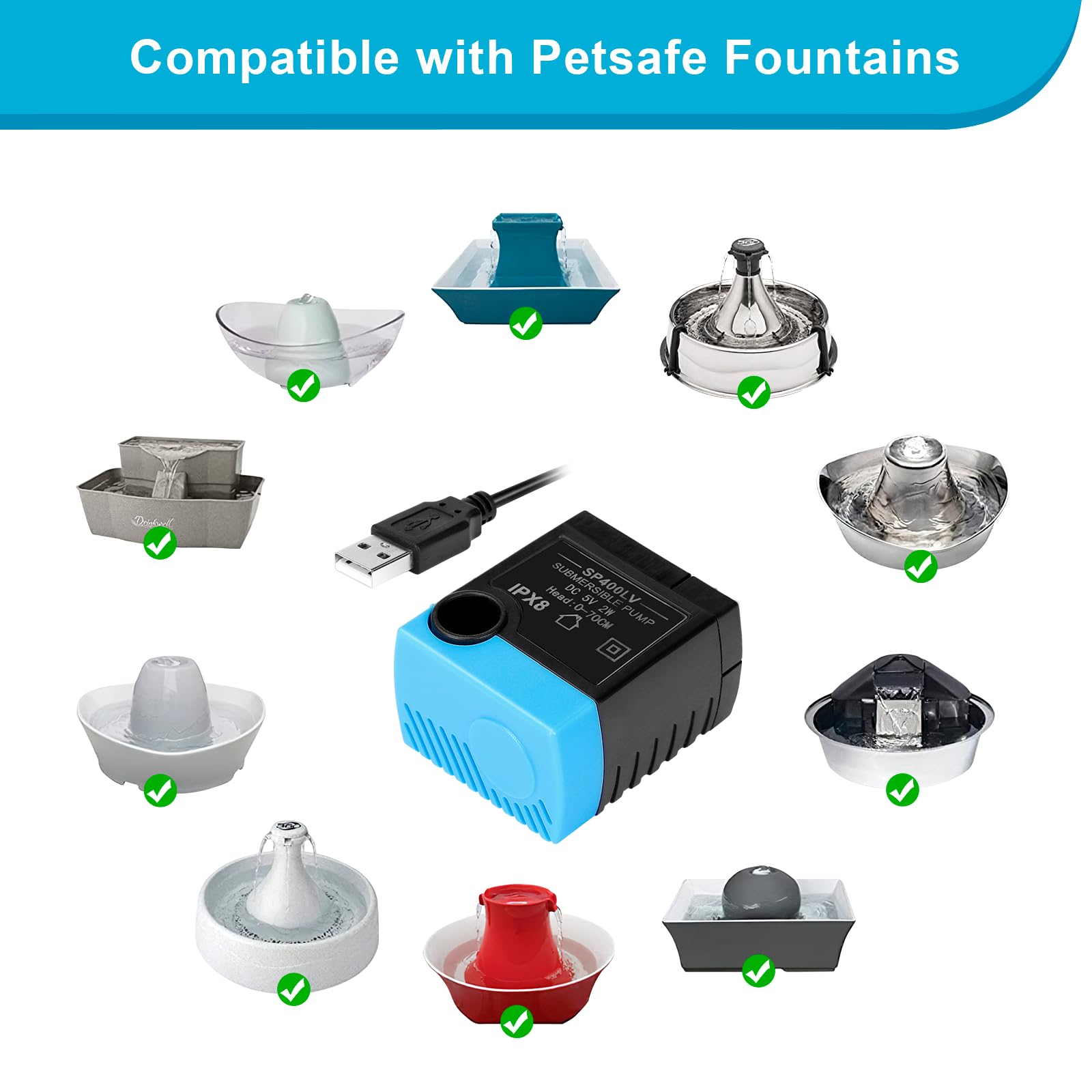 SP-400LV Cat Water Fountain Pump, VinDox USB Plug Replacement Pump Compatible with Drinkwell Ceramic, Butterfly, Seaside, Stainl