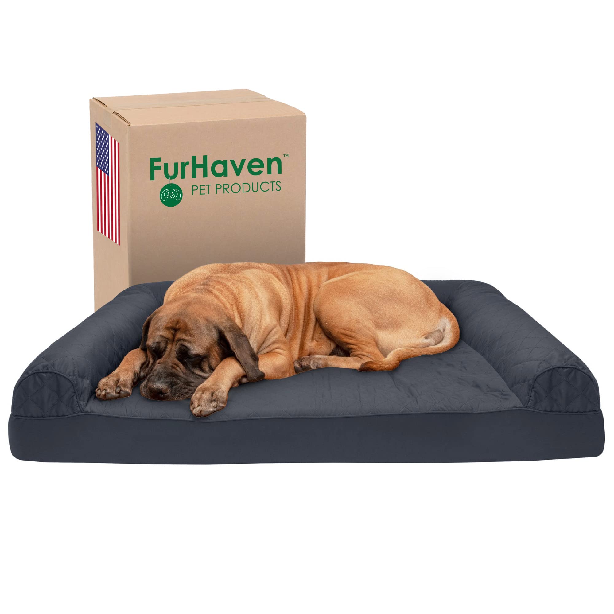 Furhaven Cooling Gel Dog Bed for Large Dogs w/ Removable Bolsters & Washable Cover, For Dogs Up to 125 lbs - Quilted Sofa - Iron