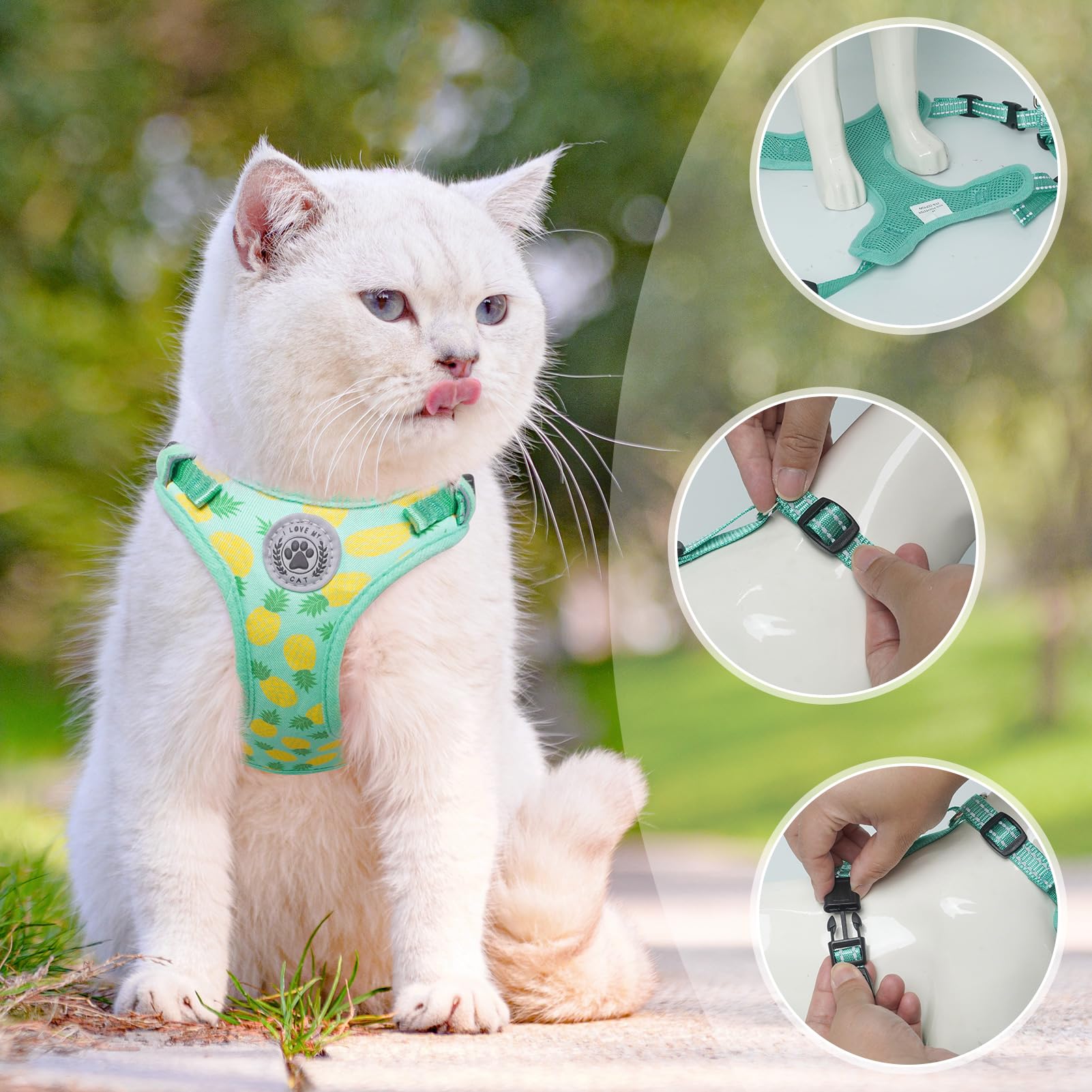 BEAUTYZOO Cat Harness and Leash Set, Escape Proof, Small (S), Pineapple Green, Soft Polyester, Adjustable for Walking and Travel