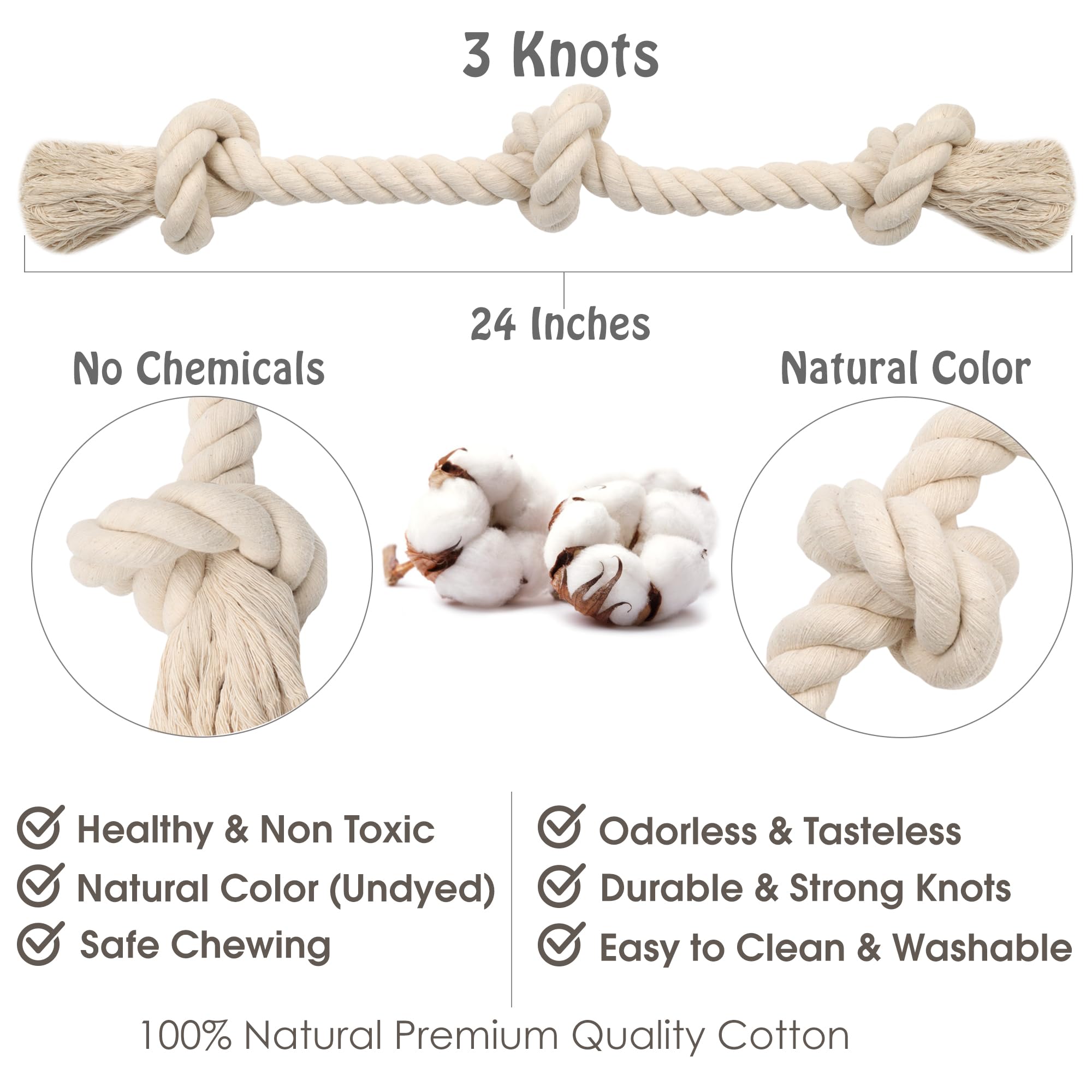 Barida Natural White Cotton Tough Dog Rope Toy. Non Toxic And Premium Rope Dog Tug Toy For Medium & Large Dogs.