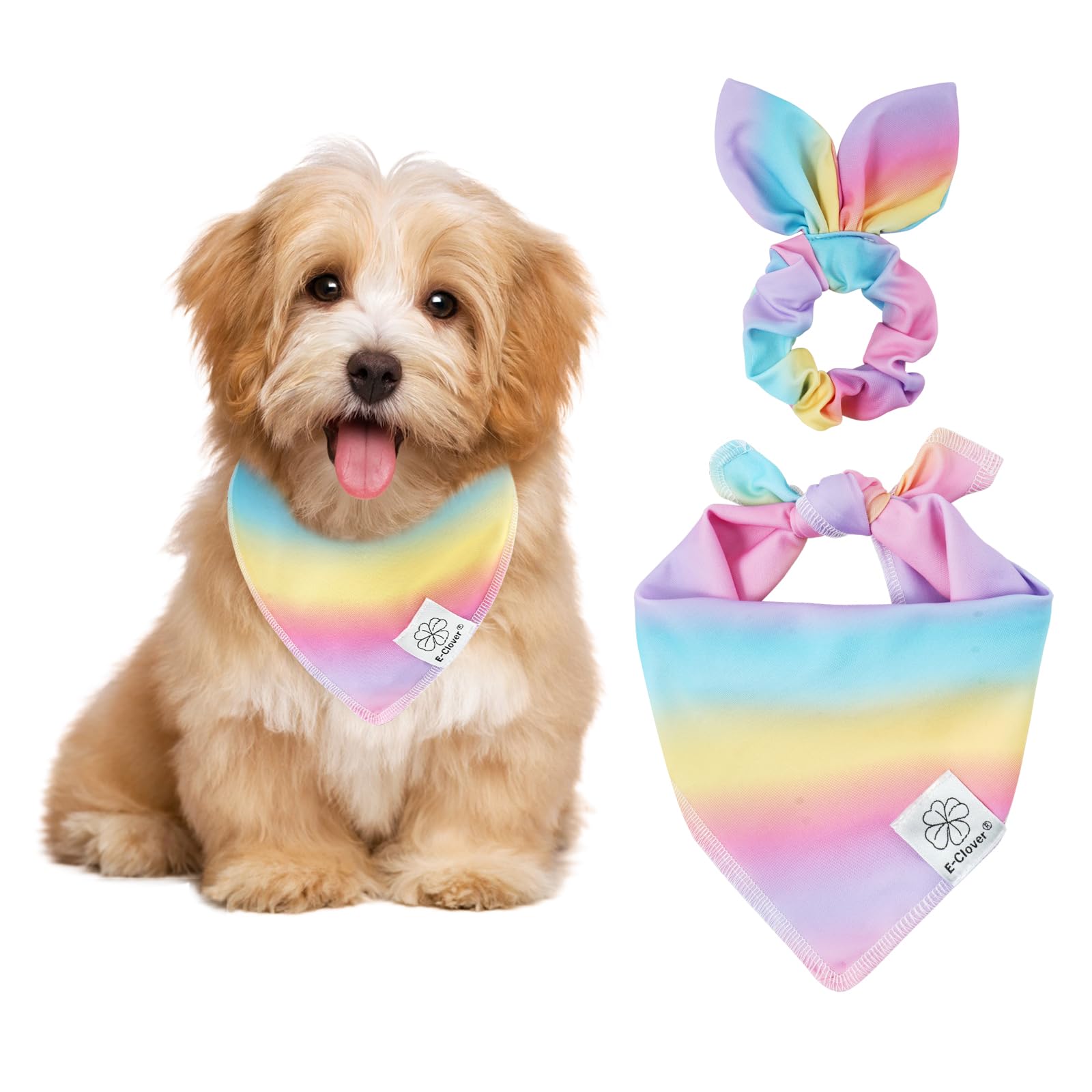 E-Clover Rainbow Dog Bandana & Matching Scrunchie Pink Purple Yellow Pet Dog Scarf Cute Dog Costumes Accessories For Small Dogs