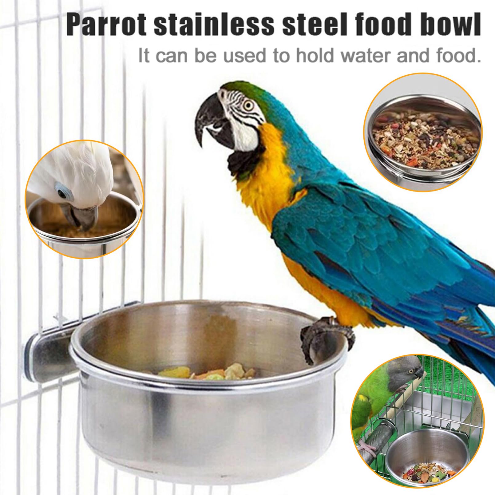 PINVNBY 6 Pieces Stainless Steel Bird Feeding Dish Cups,Parrot Feeder Parakeet Food Water Bowls with Clamp Holder & 6 Pcs Bird S