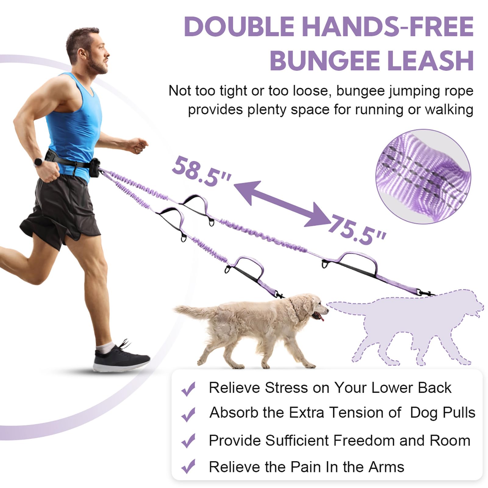 Yicostar Hands Free Dog Leash, Adjustable Waist Belt With Double Padded Handles,Retractable Bungee, Waist Leash For Dog Walking,