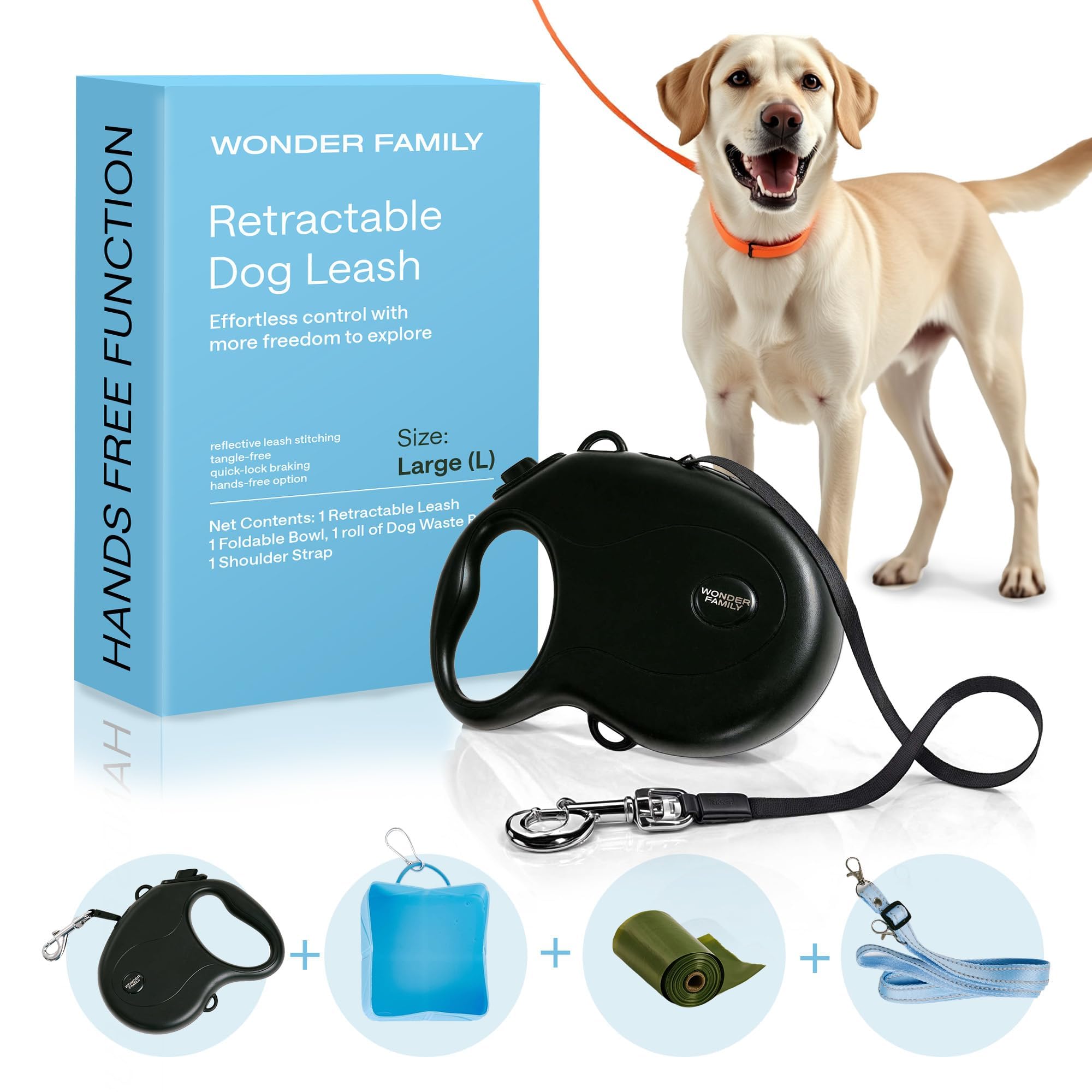 Long Retractable Dog Leash For Large Dogs Up To 110 Lbs, 17 Ft - No Free, Strong Nylon Tape, Heavy Duty, One-Handed Brake, Pause