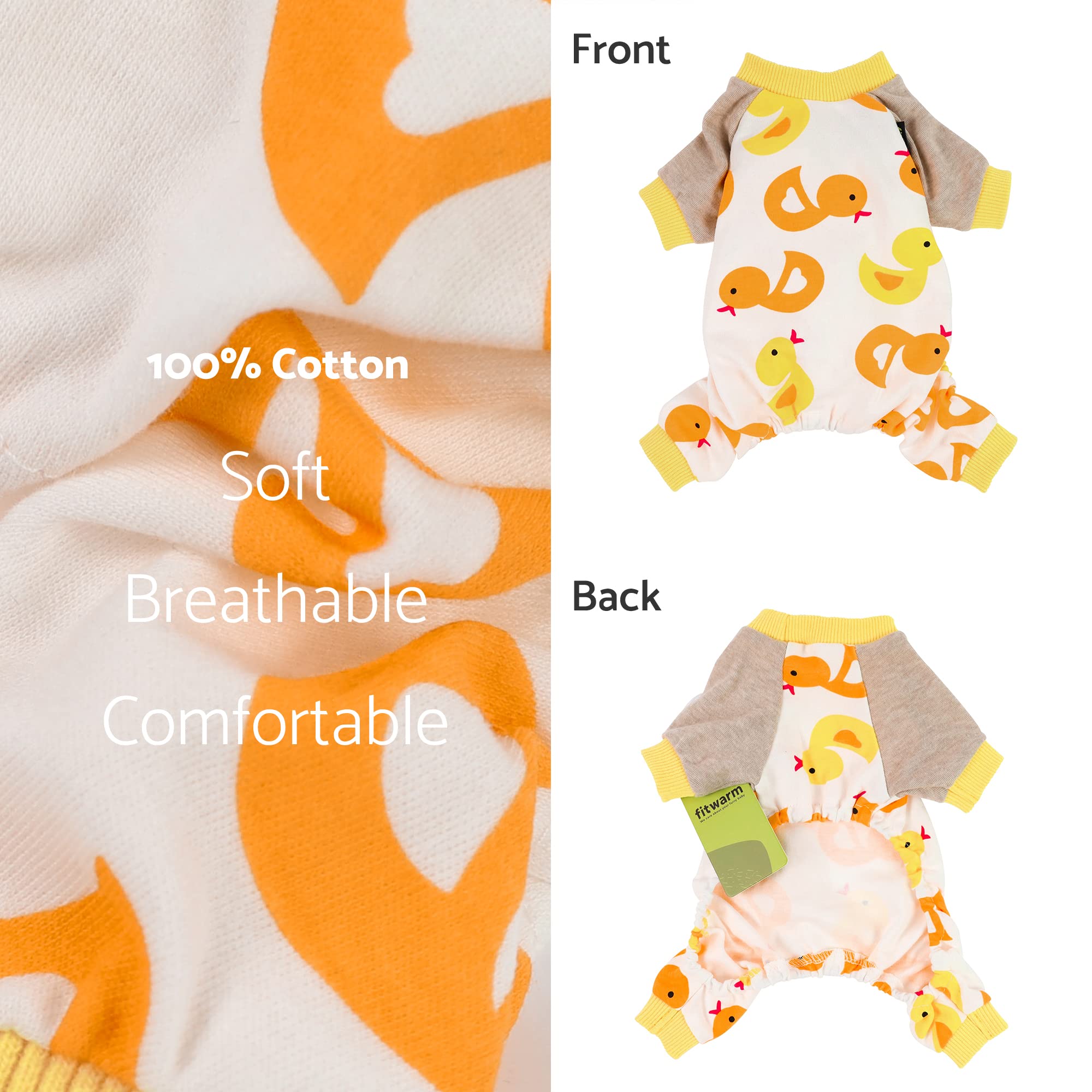 Fitwarm Duck Dog Pajamas, Cute Dog Clothes For Small Dogs Boy Girl, Pet Onesie Clothing, 100% Breathable Cotton, Yellow, Medium