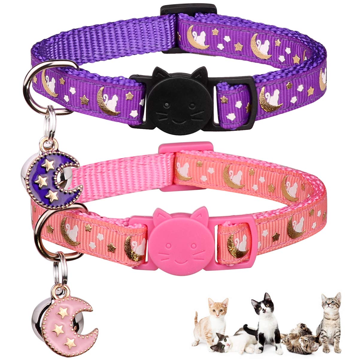 2Pcs Breakaway Cats Collars Cat Collars For Boy & Girl Cats Adjustable Kitten Collars With Bell,Pink+Purple,8''-13.1''