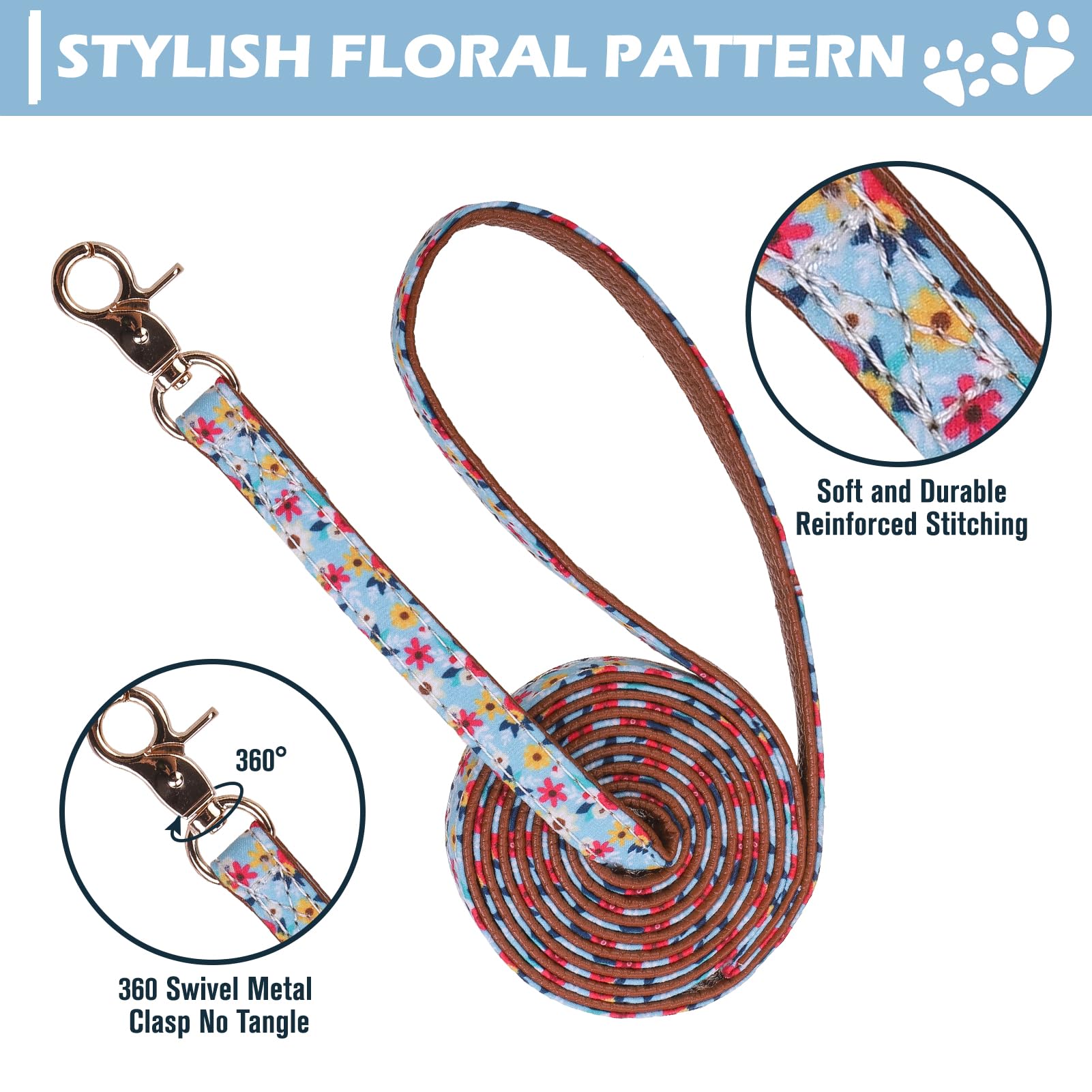 Expawlorer Puppy Collar And Leash Set - Embroidery Floral With Cute Flower Bow Tie, Bandana And Bell For Dogs Cats Outdoor Walki