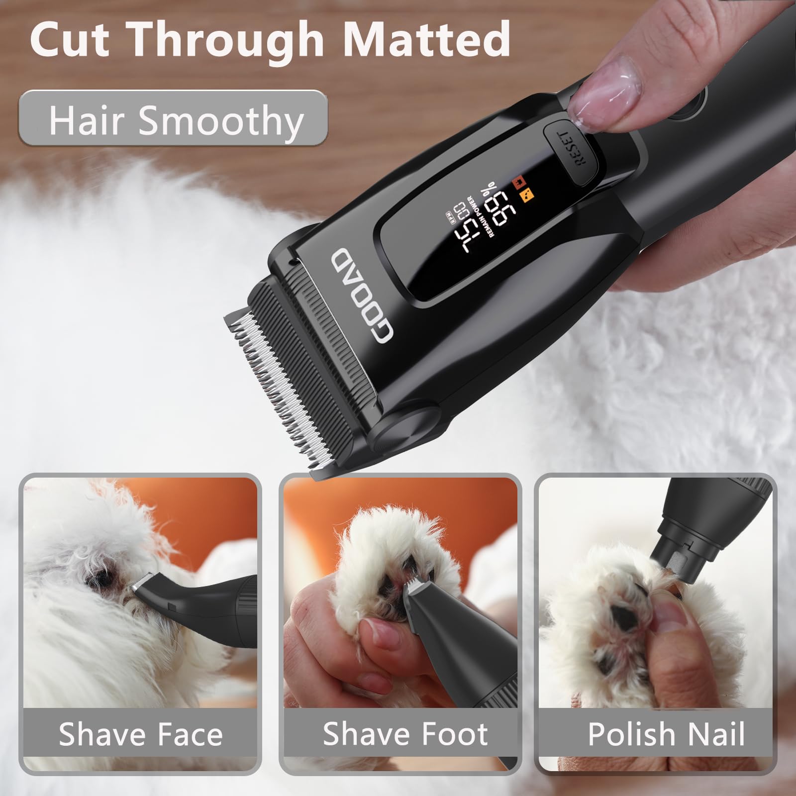 Gooad Dog Clippers for Grooming Thick Coats, Cordless, Low Noise, with Nail Grinder, Black & White