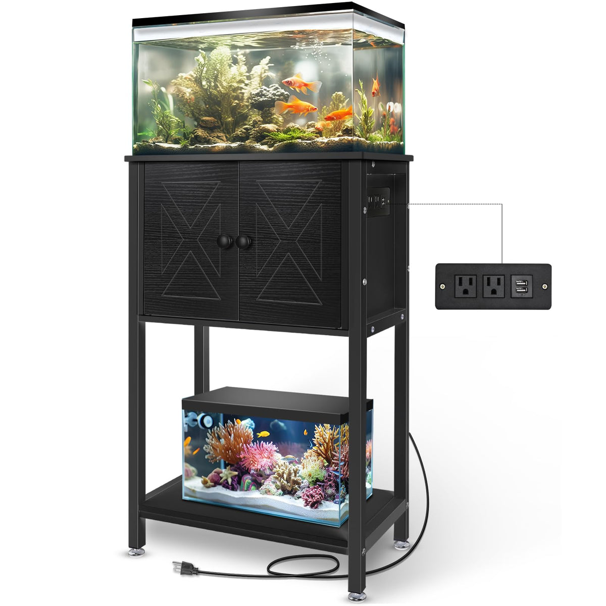 Beuruku 5-10 Gallon Fish Tank Stand, Heavy Duty Aquarium Stand With Cabinet & Power Outlets For Fish Tank Accessories Storage, D