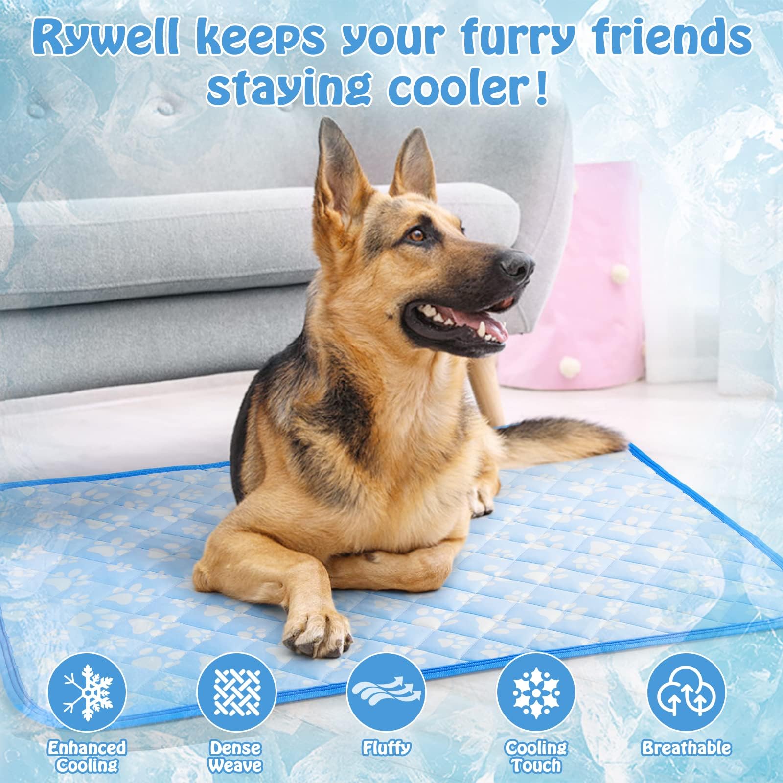 Rywell Self-Cooling Mat For Dogs Medium, 30'' X 20''- Endothermic Color Changing Arc-Chill Cooling Fiber - Washable Non-Toxic Summer Pet Outdoor Bed, Non-Slip, Foldable, Quick-Dry Dog Blanket