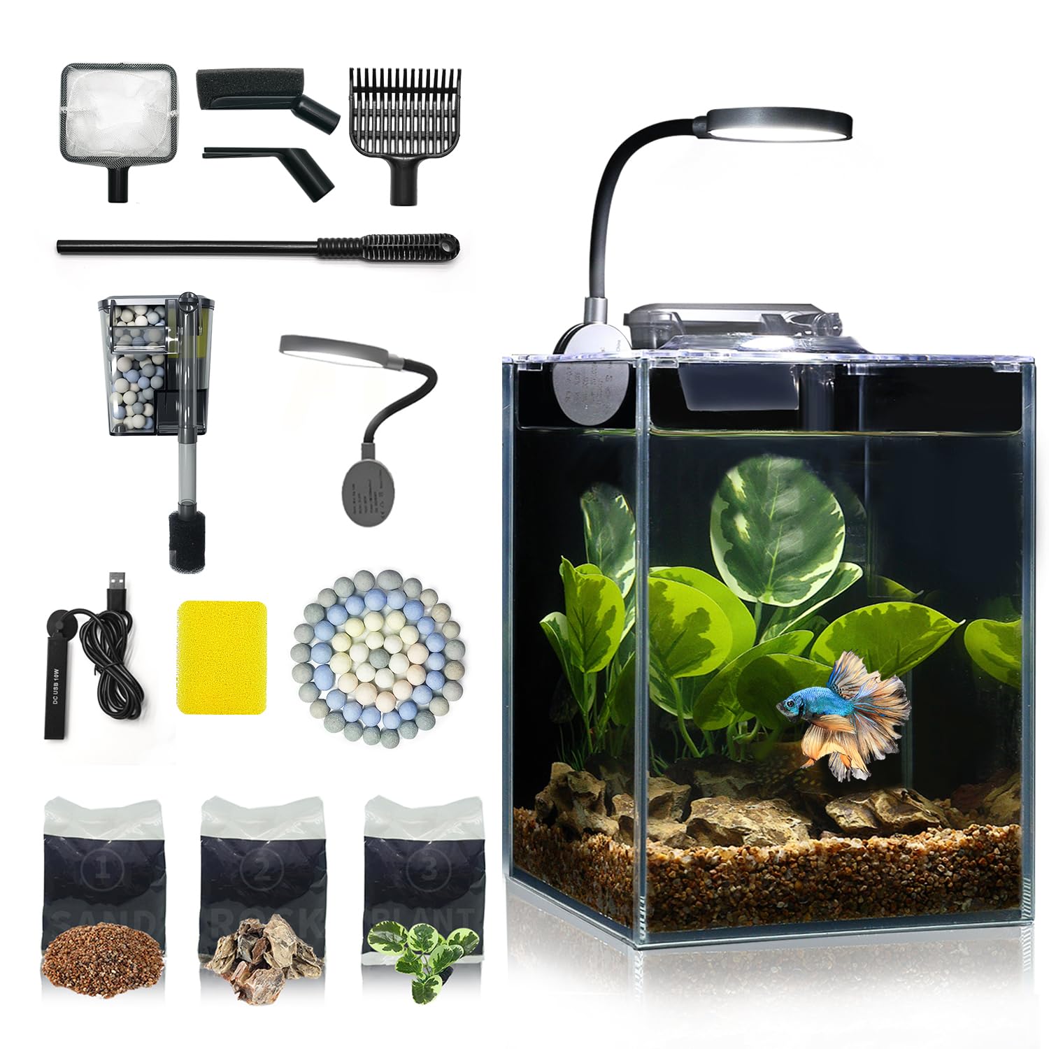 Desktop Small Aquarium Set Glass Fish Tank 1.25 Gallon, Heater Water Pump Filter Bright LED Light Gravel Cleaning Tool, Starter 