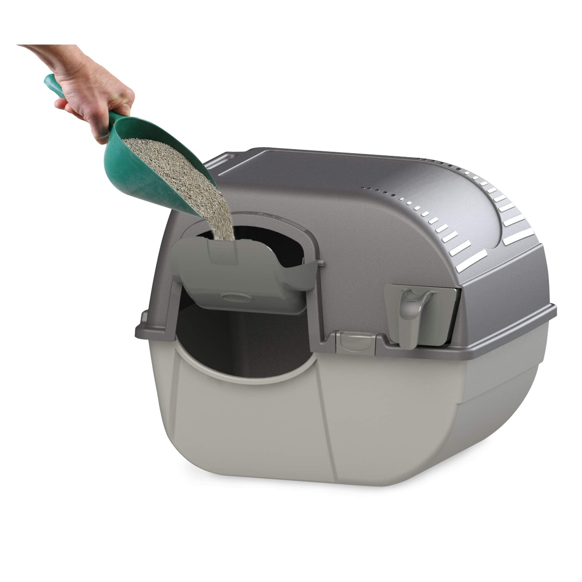 Omega Paw Easy Fill Roll 'n Clean Cat Litter Box - Regular Size, Grey Plastic