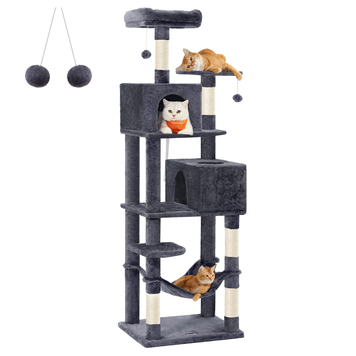 Feandrea Cat Tree, 75.2-Inch Cat Tower For Indoor Cats, Plush Multi-Level Cat Condo With 5 Scratching Posts, 2 Perches, 2 Caves, Hammock, 2 Pompoms, Smoky Gray Upct191G01