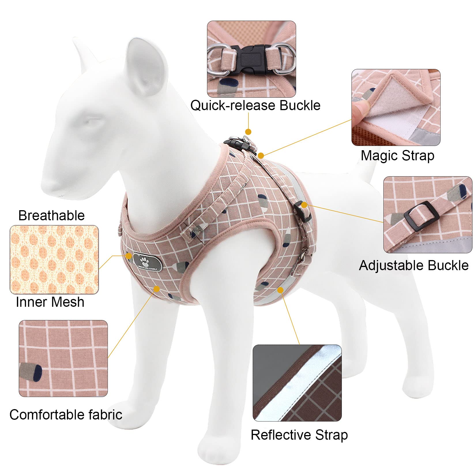 Zunea No Pull Small Dog Harness and Leash Set Adjustable Reflective Step-in Chihuahua Vest Harnesses Mesh Padded Plaid Escape Pr