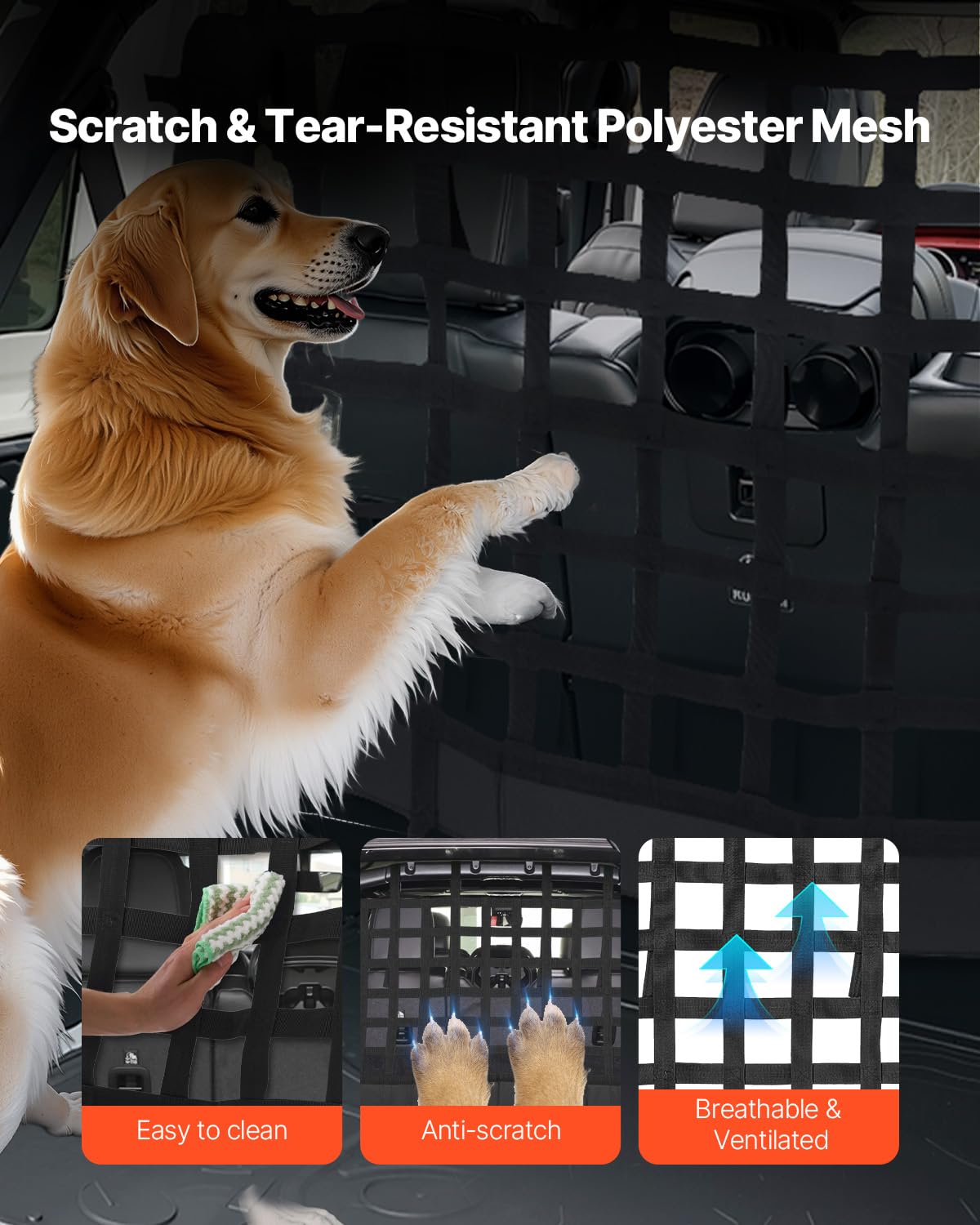 VEVOR Dog Car Barrier, Mesh Cargo Pet Net for Jeep Wrangler JK 2007-2017 JL 20018-2024, Vehicle Pet Barrier Fits Behind Rear Sea