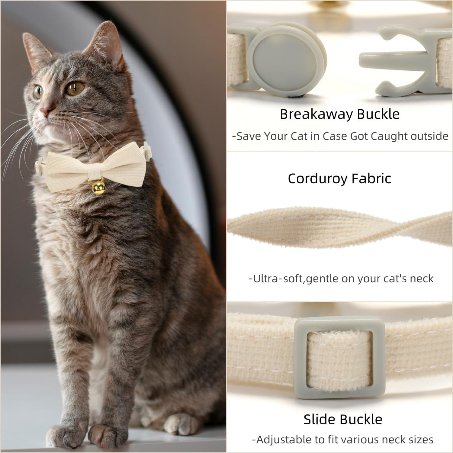 Petiry Soft Corduroy Cat Collar, Plaid Pattern, With Bell And Bowtie, Safety Breakaway Clasp, Adjustable For Kitten And Cats Whi