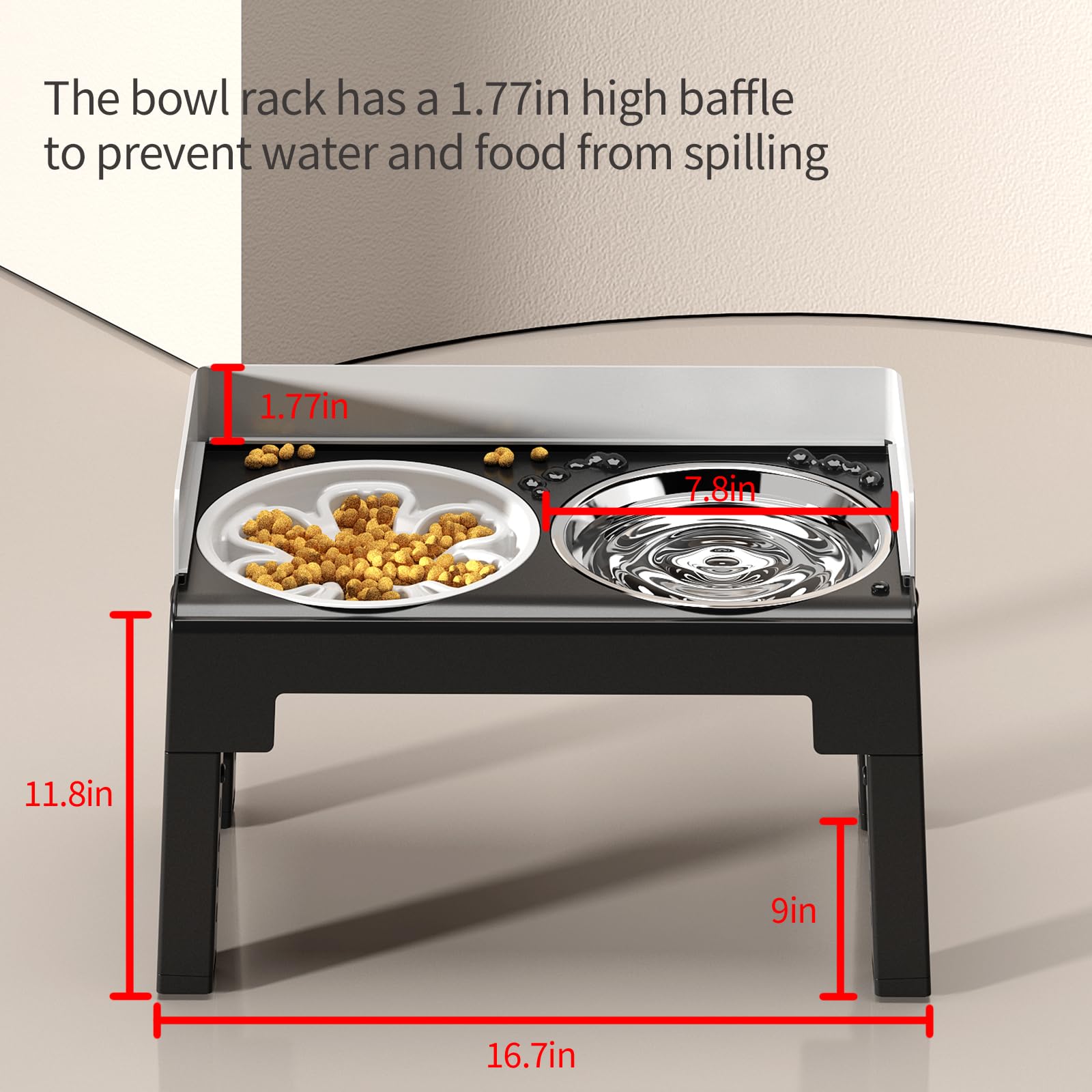 Pakeway Elevated Dog Bowls, Spill Proof, Tiltable Dog Feeder With 1 Stainless Steel Bowl &1 Slow Feeder Bowl, 6 Height Adjustabl