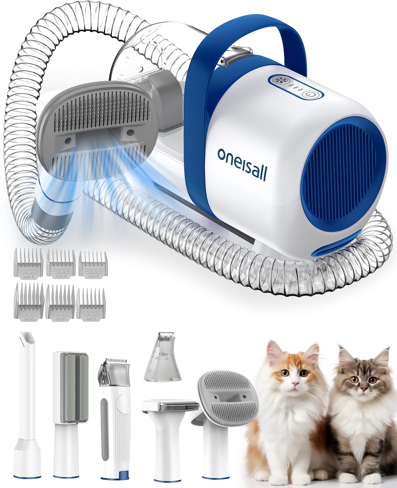 Oneisall Cat Hair Vacuum, Low-Noise Pet Vacuum Grooming Kit With Brush & Clippers For Hair Shedding Trimming Grooming, 6 In 1 Ca
