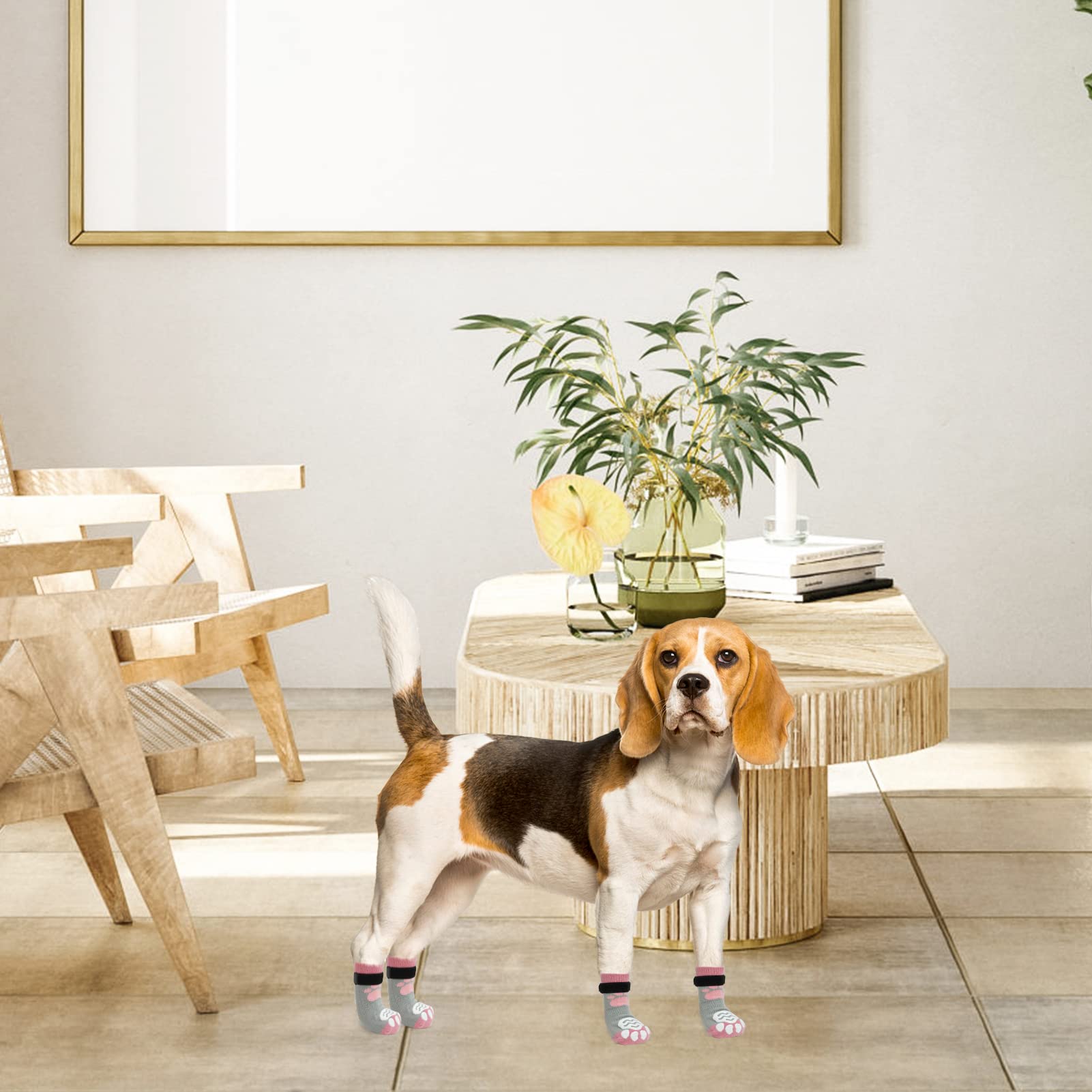 Scirokko 3 Pairs Anti-Slip Dog Socks - Adjustable Pet Non-Slip Paw Protection With Pink Paw Pattern For Puppy Doggy Indoor Traction Control Wear On Floor