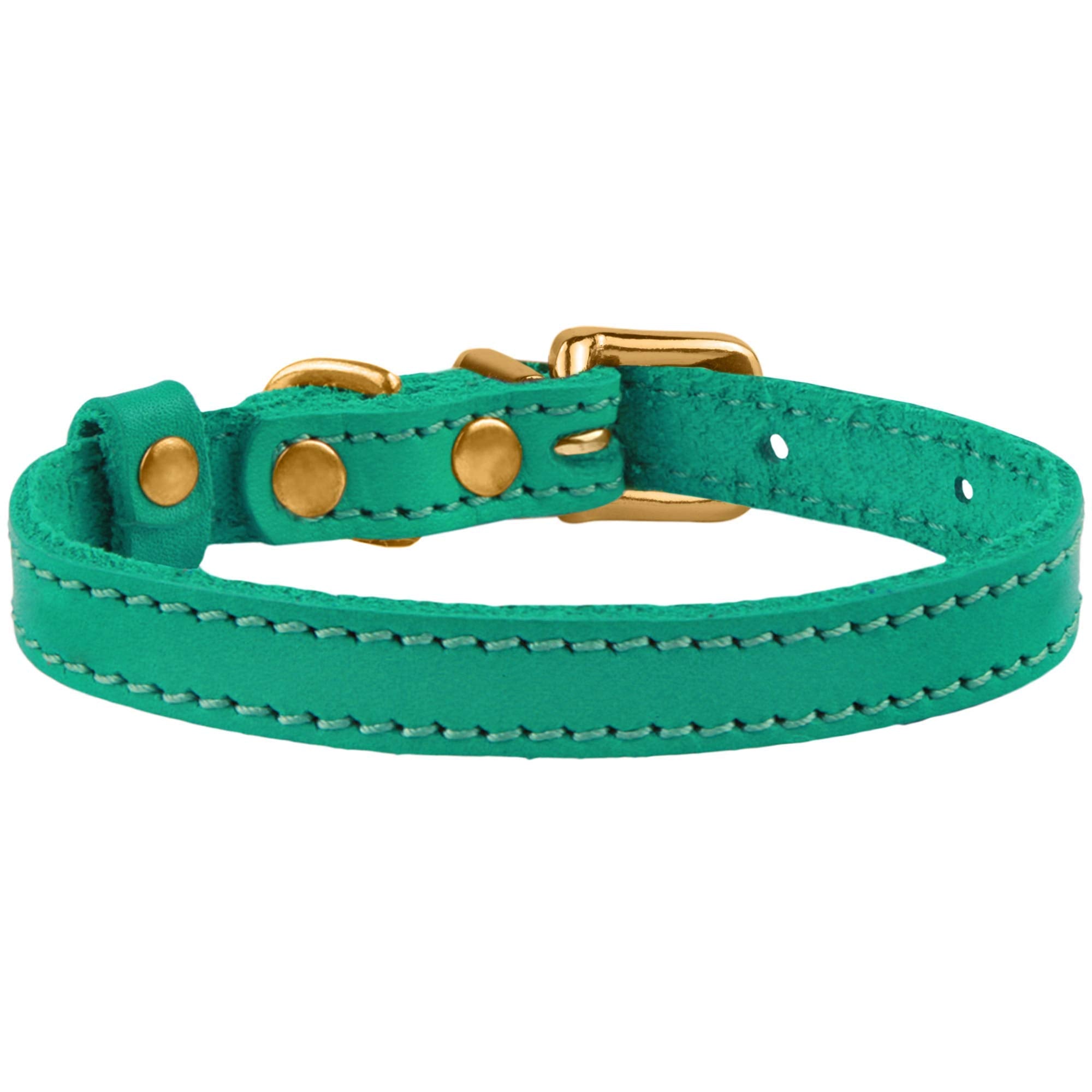 Bronzedog Leather Cat Collar With Bell Non Breakaway Kitten Qr Tag For Girl Boy (7'' - 9'' For Cats, Green & Gold)
