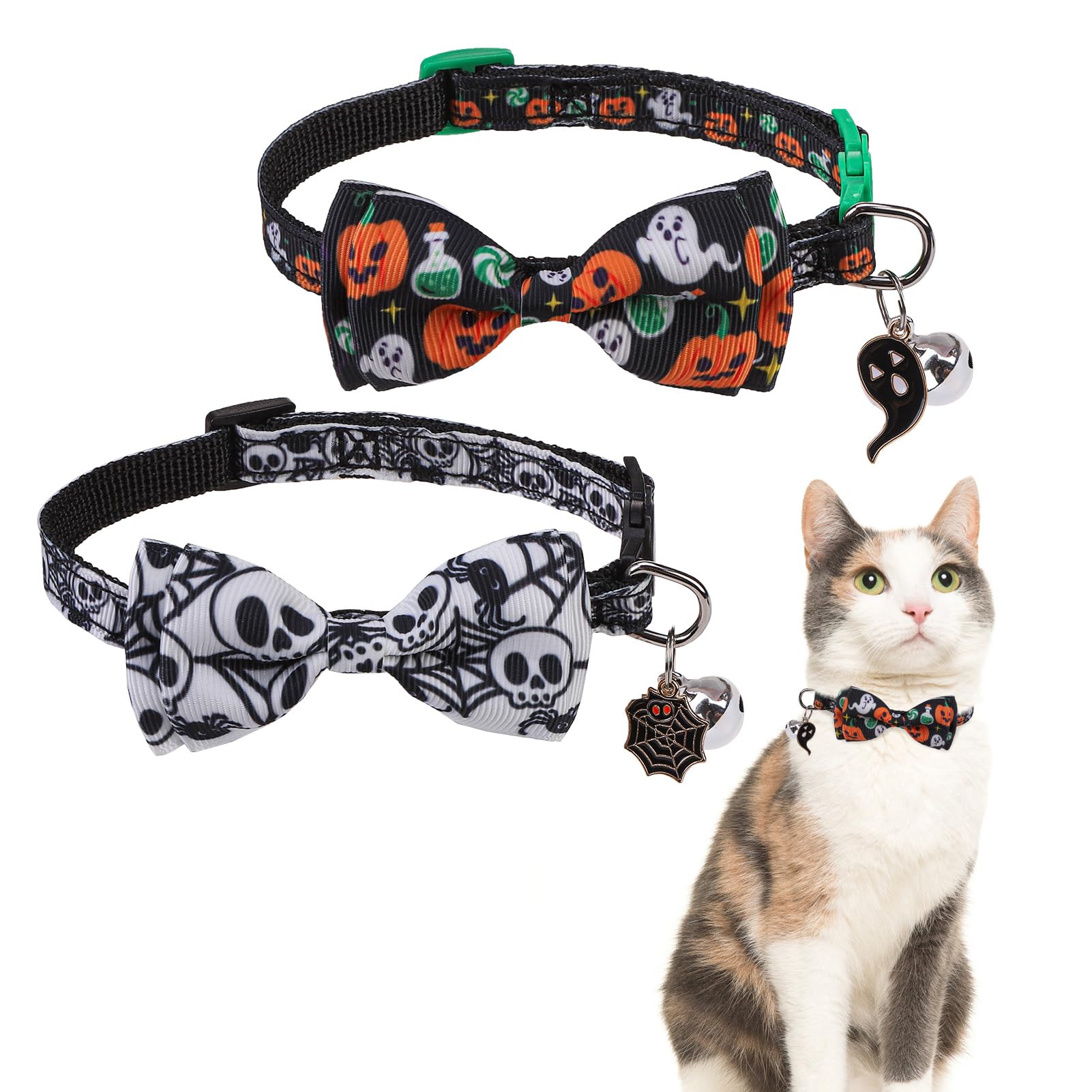 Scenereal Cat Collar Breakaway Halloween Theme 3 Pack, Safety Collars, Pet Accessory For Outdoor And House Cats Kittens, White B