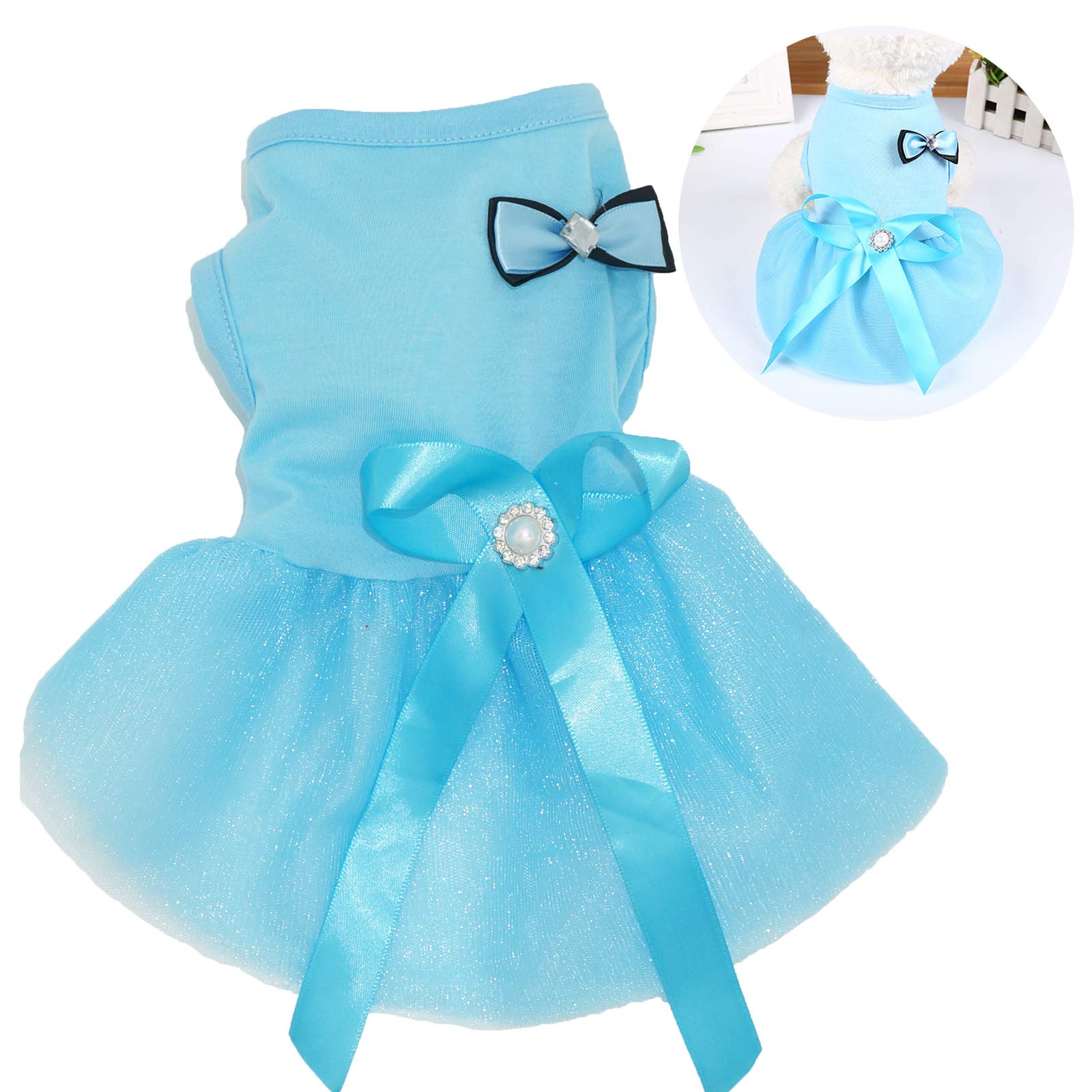 Dog Dresses For Small Medium Dog Cat Pet Dog Princess Tutu Dresses Dog Skirt Bow Crystal Belt Skirt Pet Clothes (Medium, Blue)