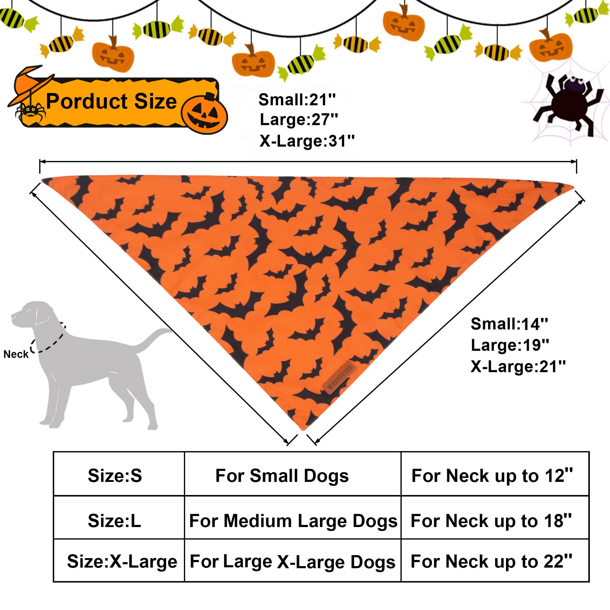 Adoggygo Halloween Dog Bandana, Pumpkin Bat Design Dog Scarf, Premium Durable Fabric, Orange Black Dog Halloween Bandanas For Medium Large Dogs Pets (Large, Halloween)