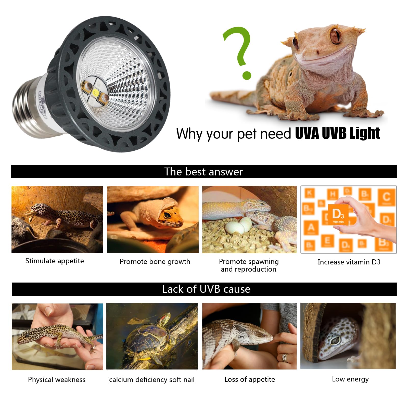 Mclanzoo Uvb Reptile Light High Intensity Led Bulb 3W 10.0 Turtle Calcium Lamp Full Spectrum Sun Heat Lamp For Desert Reptile,Tu