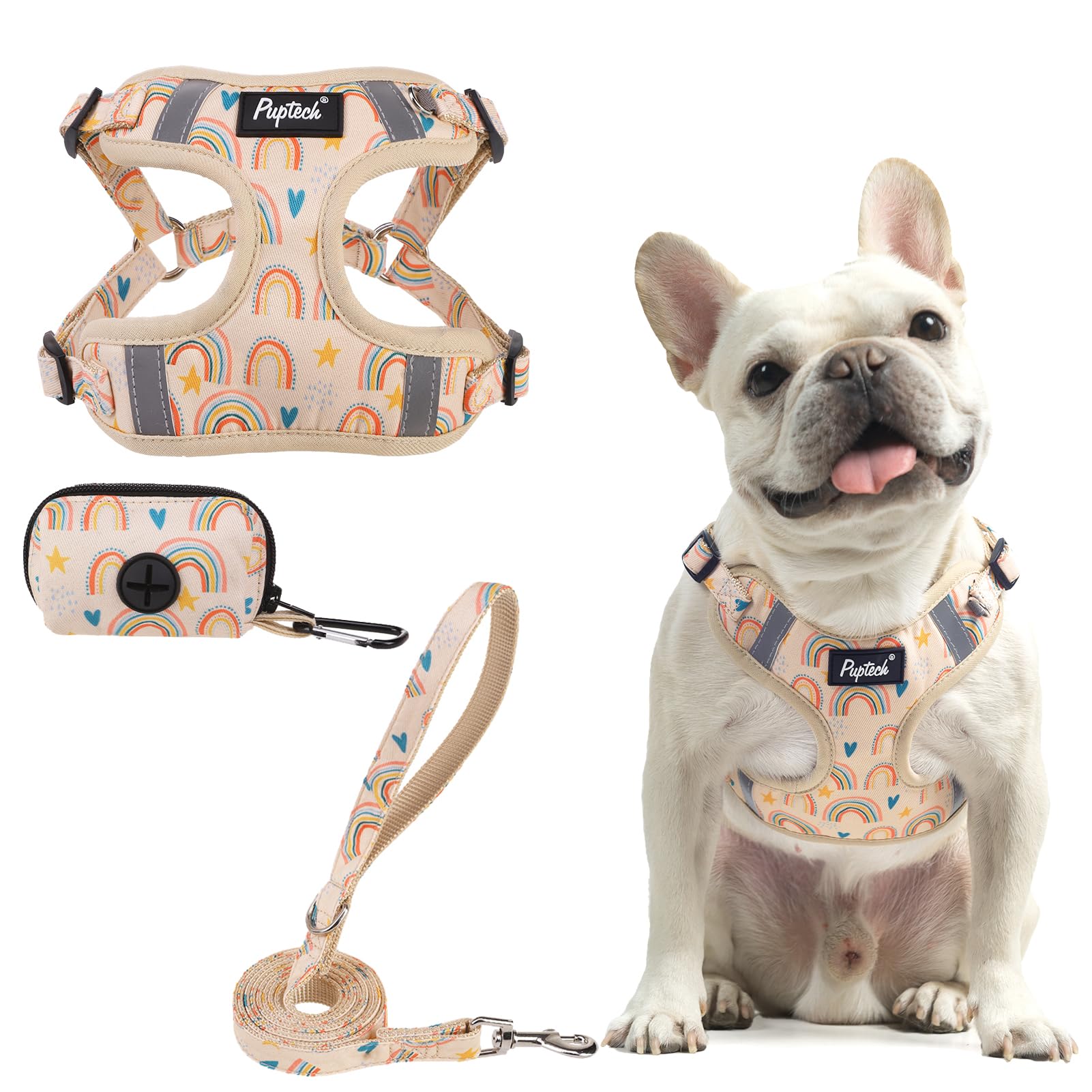 PUPTECK No Pull Dog Harness and Leash Set Reflective No Choke Step in Puppy Halter for XS Small and Medium Sized Dogs, Beige, Pr