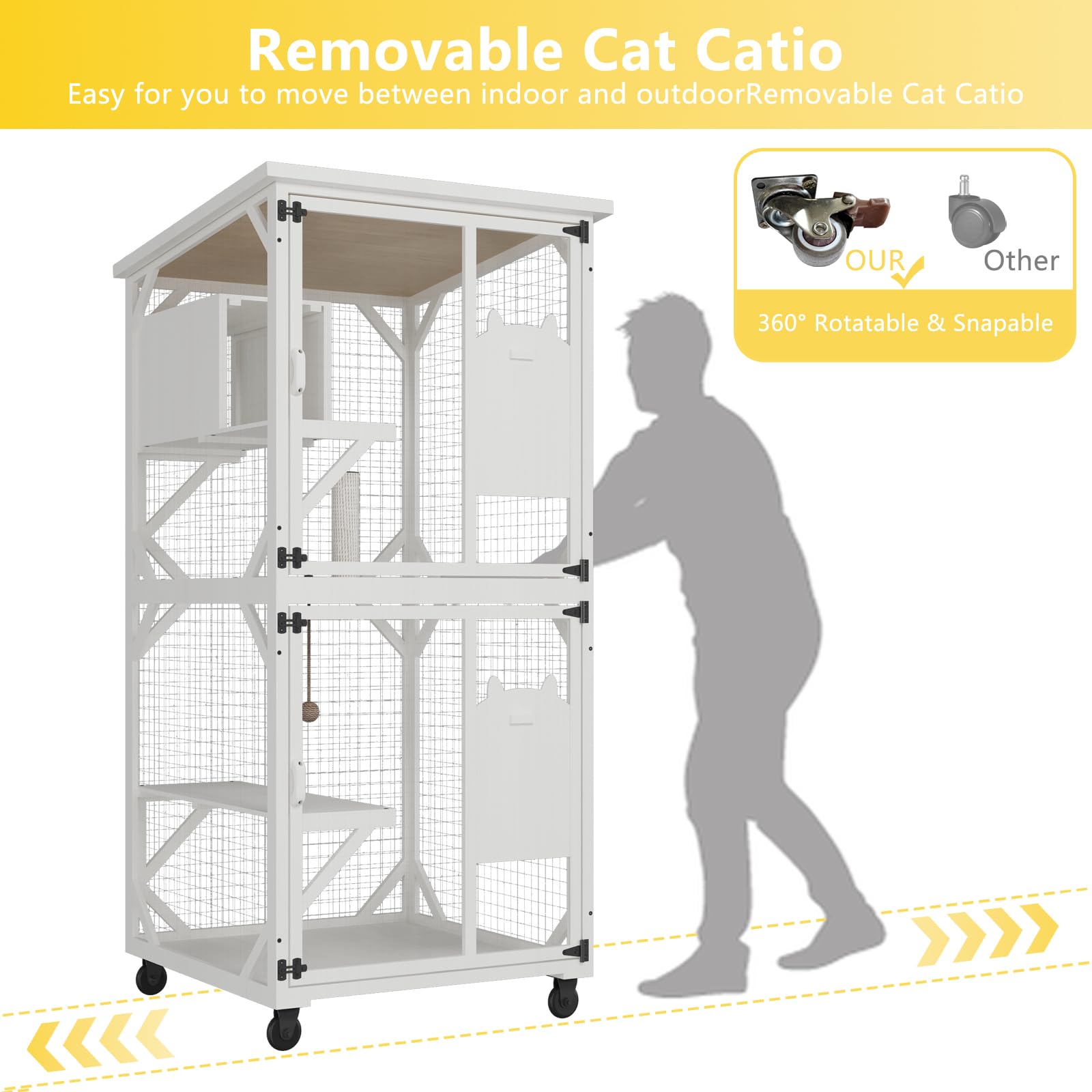 Roomtec Catio Outdoor Cat Enclosure - Large Wooden House With Roof, 71'' H, 3 Jumping Platforms & 1 Napping House For Cats (Whit