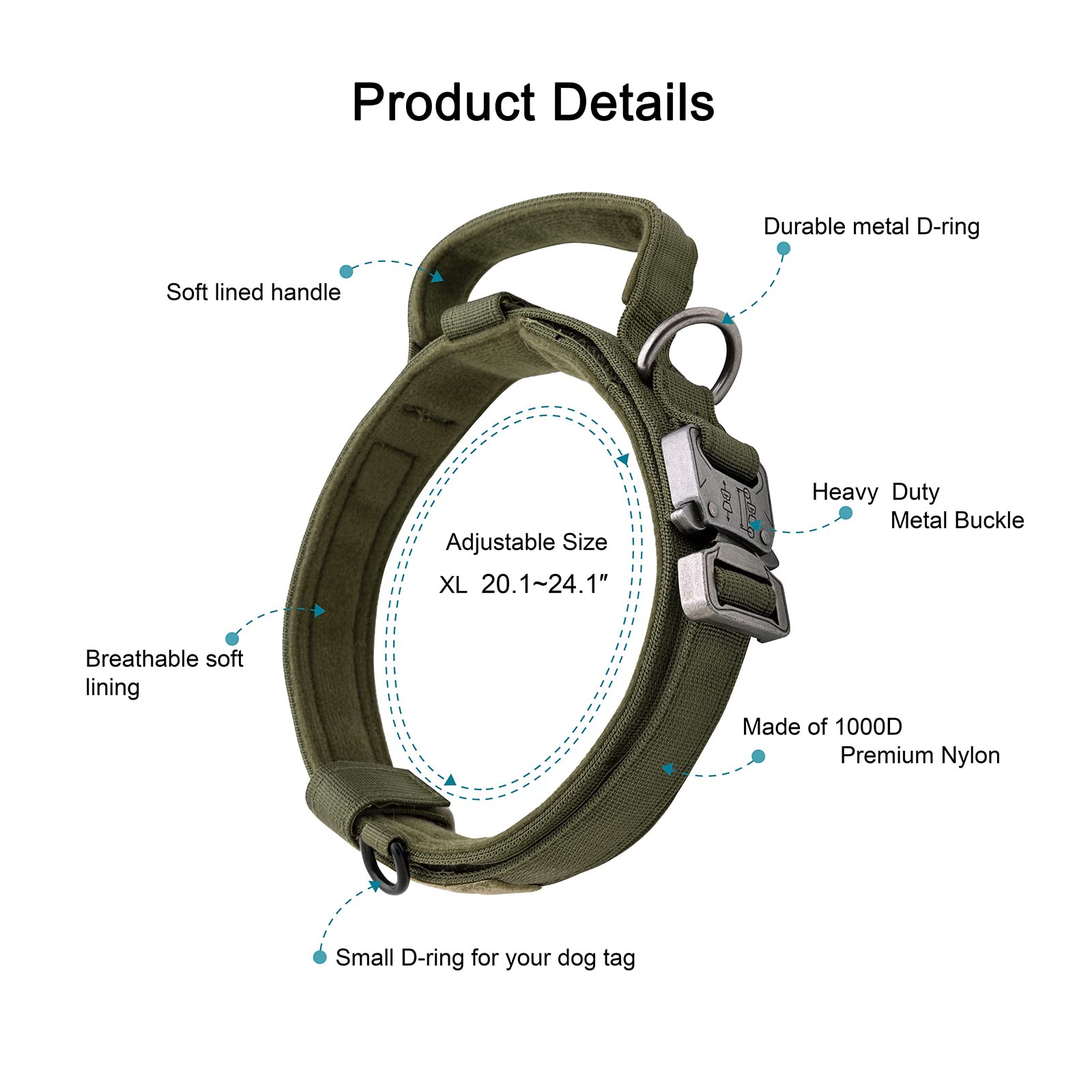 Tactical Dog Collar Adjustable Military Collar: - Nylon K9 Collars with Control Handle and Heavy Duty Metal Buckle for Medium an