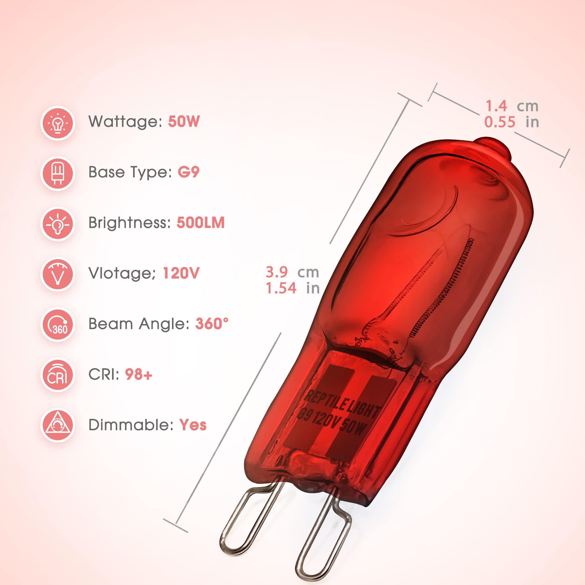 Briignite G9 Infrared Heat Lamp Bulbs for Reptile, Mini Reptile Light, Dimmable Night Red UVA Reptile Heat Lamp, 2 Pin Base Mini