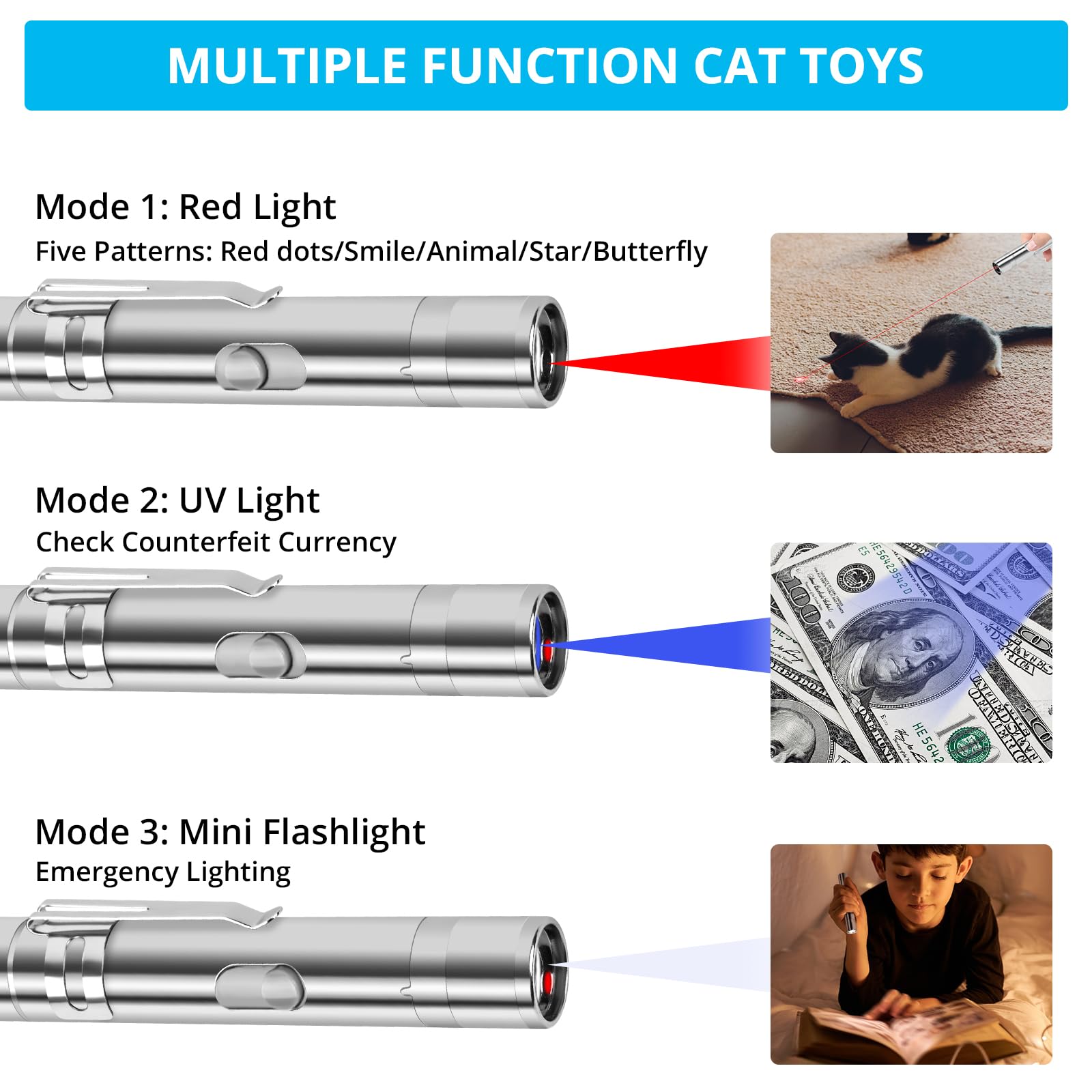 Waputne Cat Toys, Cat Toy Red Pointer For Indoor, Rechargeable, 5 Adjustable Patterns, 3 Modes Training Chaser Pet Toy Pointer, Interactive Pet Cat/Dog Toy For Cats Fun Playing Exercise