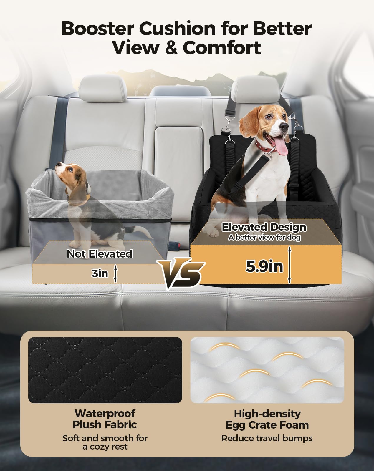 Petcozife Dog Car Seat for Small & Medium Dogs, Washable, 20.86"L x 21.06"W x 17.71"H, Black, Includes Safety Belts &